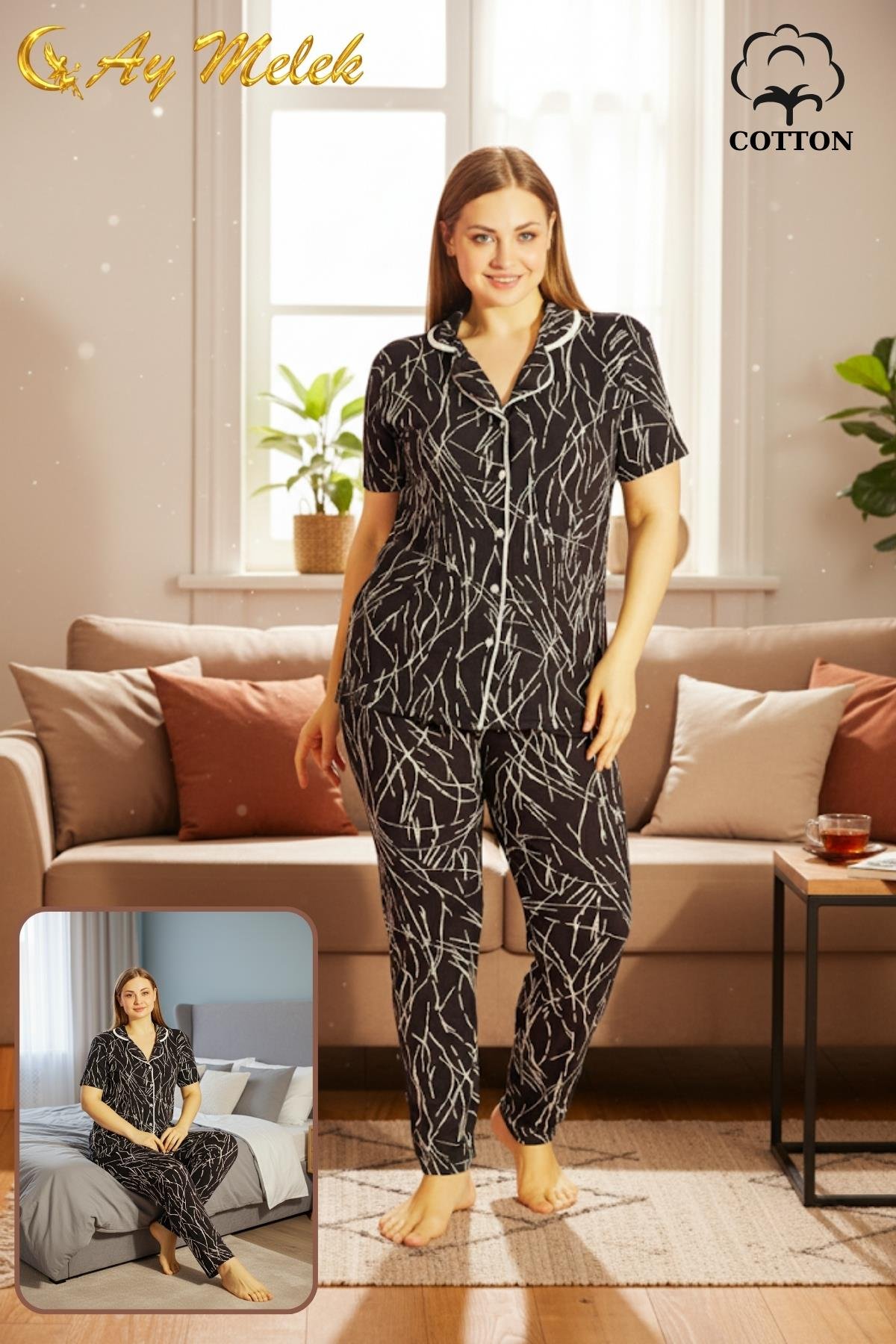  Kadın Pijama Takımı Pamuklu Geniş Beden Gömlek ve Pijama Seti (Battal Boy)1