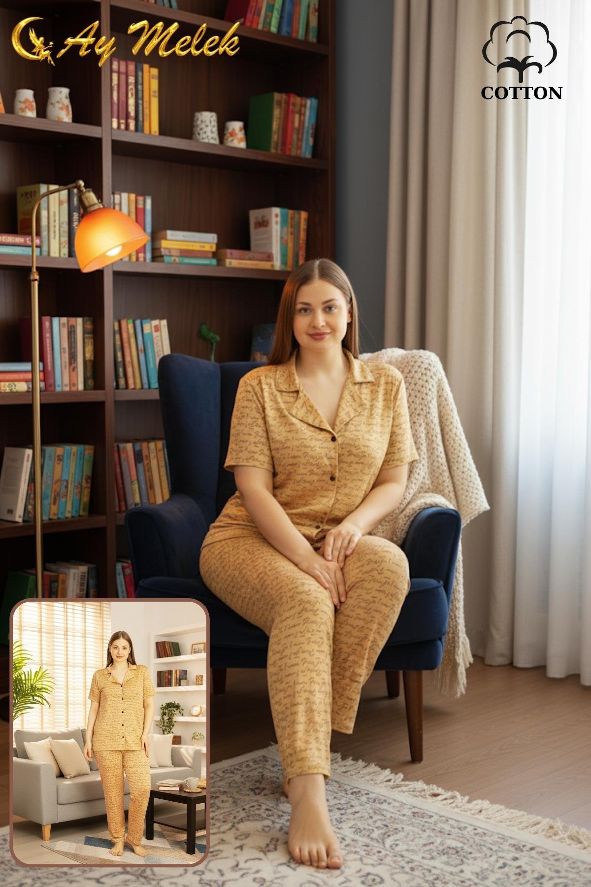  Kadın Pijama Takımı Pamuklu Geniş Beden Gömlek ve Pijama Seti (Battal Boy)111