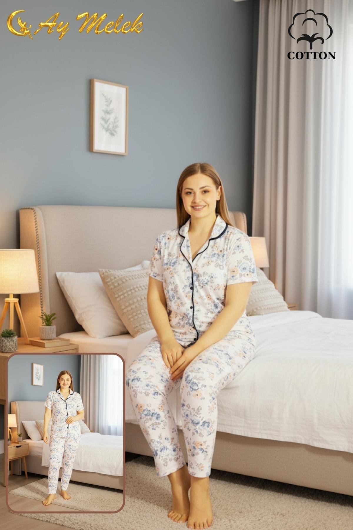  Kadın Pijama Takımı Pamuklu Geniş Beden Gömlek ve Pijama Seti (Battal Boy)