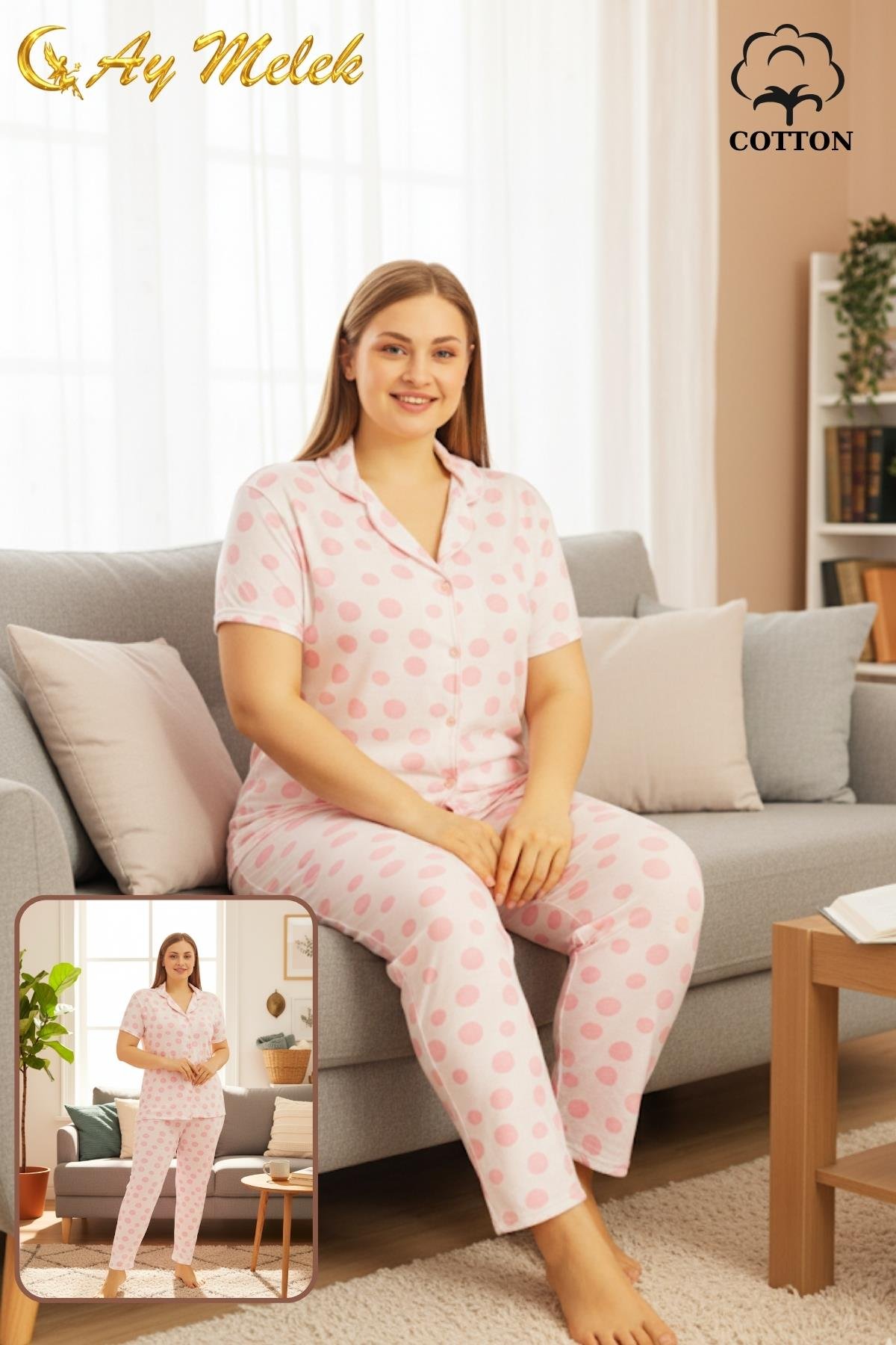  Kadın Pijama Takımı Pamuklu Geniş Beden Gömlek ve Pijama Seti (Battal Boy