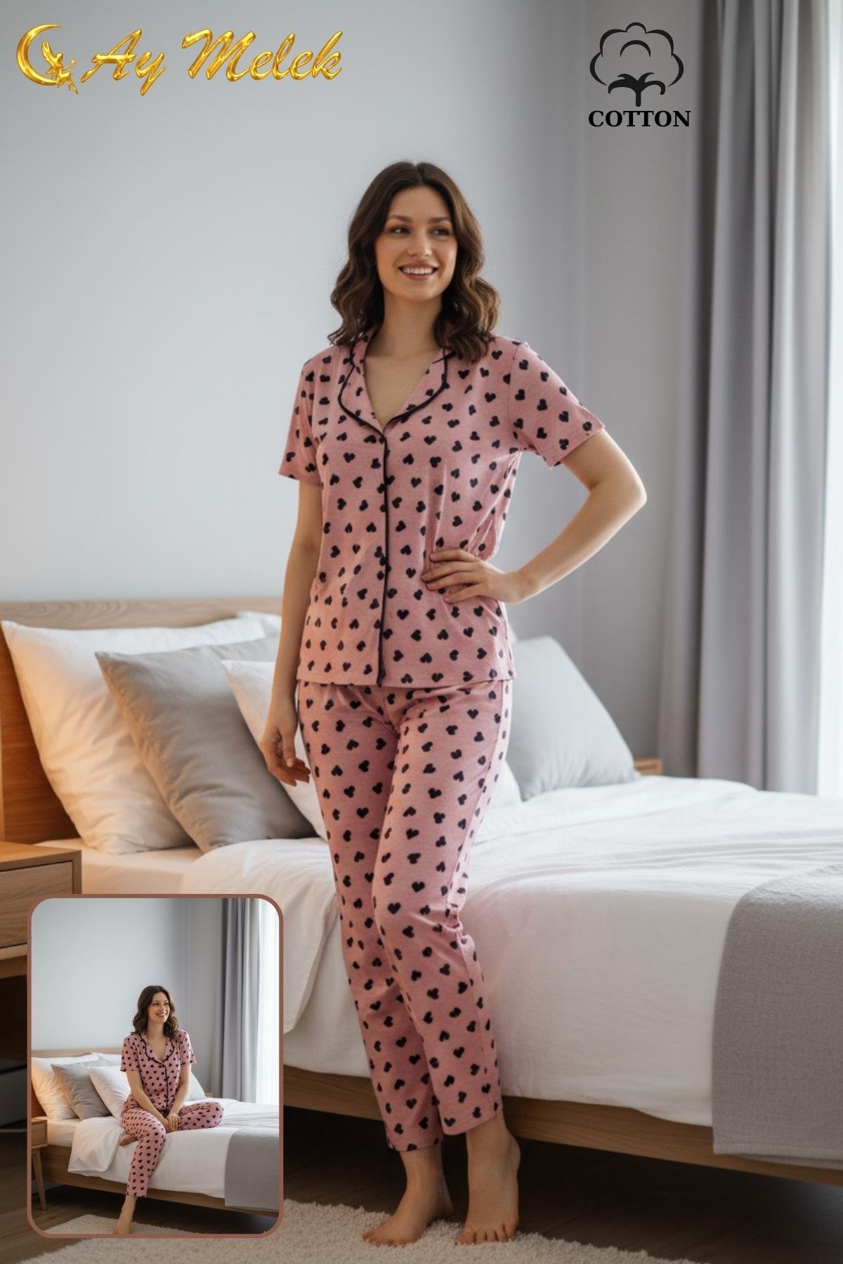  Kadın Pijama Takımı Ring Viscone Bambu Doku Gömlek ve Pijama Seti