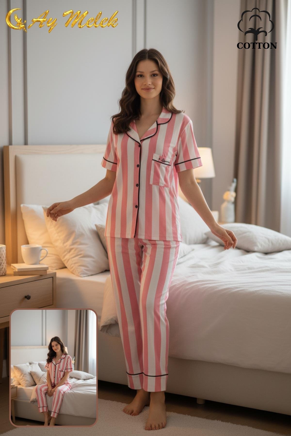  Kadın Pijama Takımı Ring Viscone Bambu Doku Gömlek ve Pijama Seti