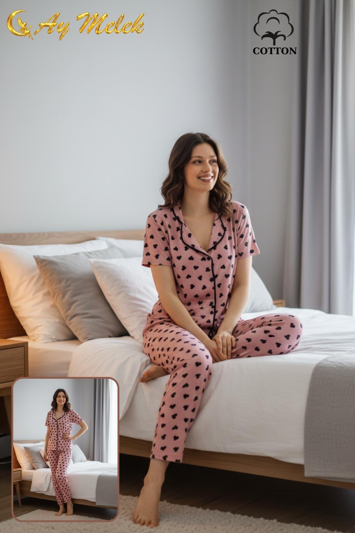  Kadın Pijama Takımı Ring Viscone Bambu Doku Gömlek ve Pijama Seti