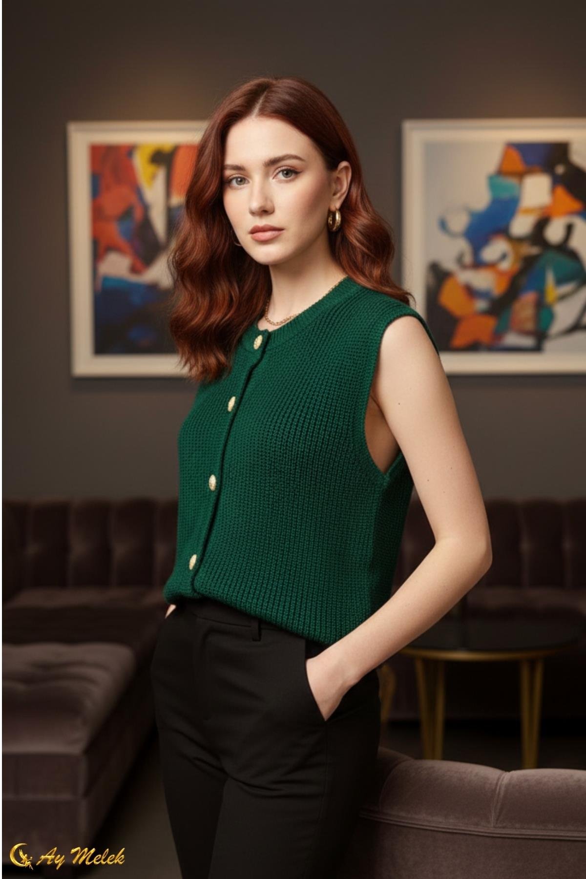  Kadın Triko Bisiklet Yaka Düğmeli Cep Detaylı Süveter/Kazak