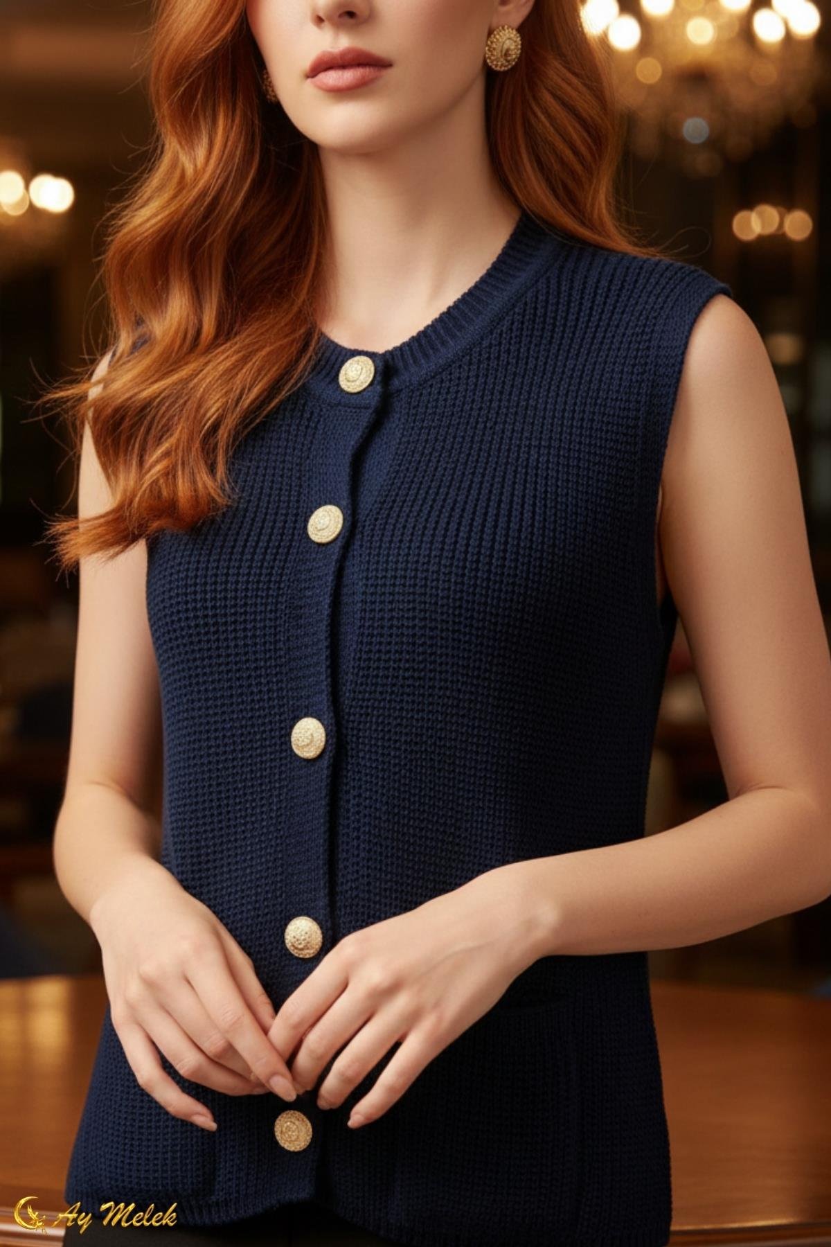  Kadın Triko Bisiklet Yaka Düğmeli Cep Detaylı Süveter/Kazak