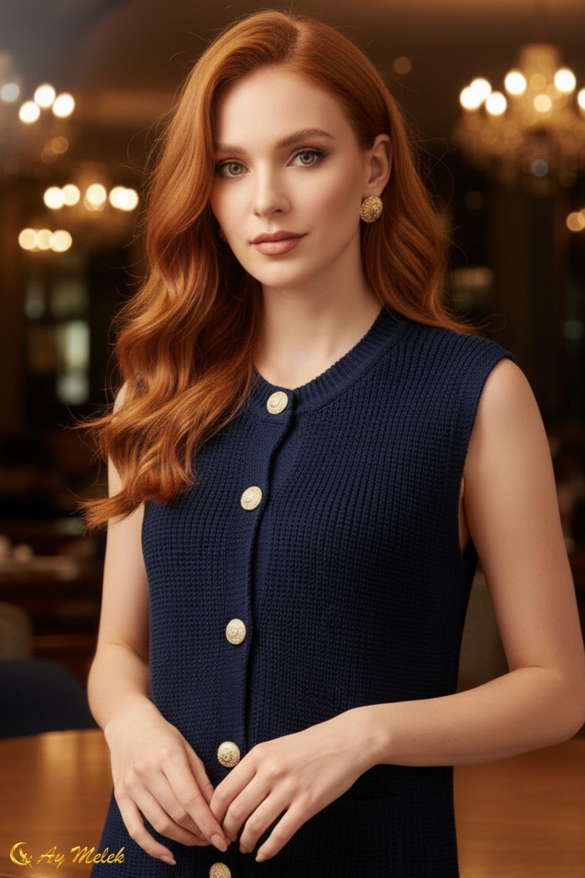  Kadın Triko Bisiklet Yaka Düğmeli Cep Detaylı Süveter/Kazak