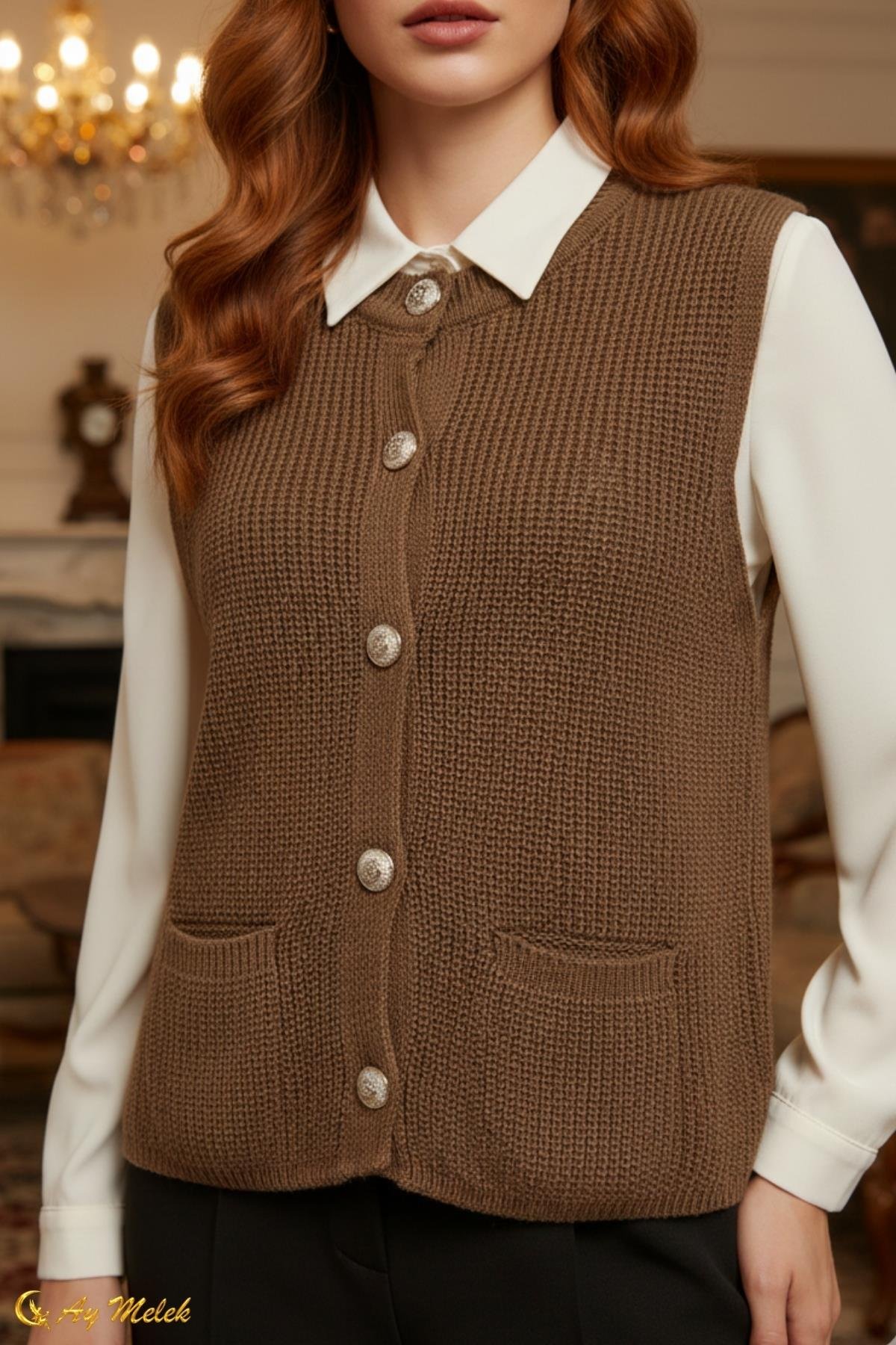  Kadın Triko Bisiklet Yaka Düğmeli Cep Detaylı Süveter/Kazak