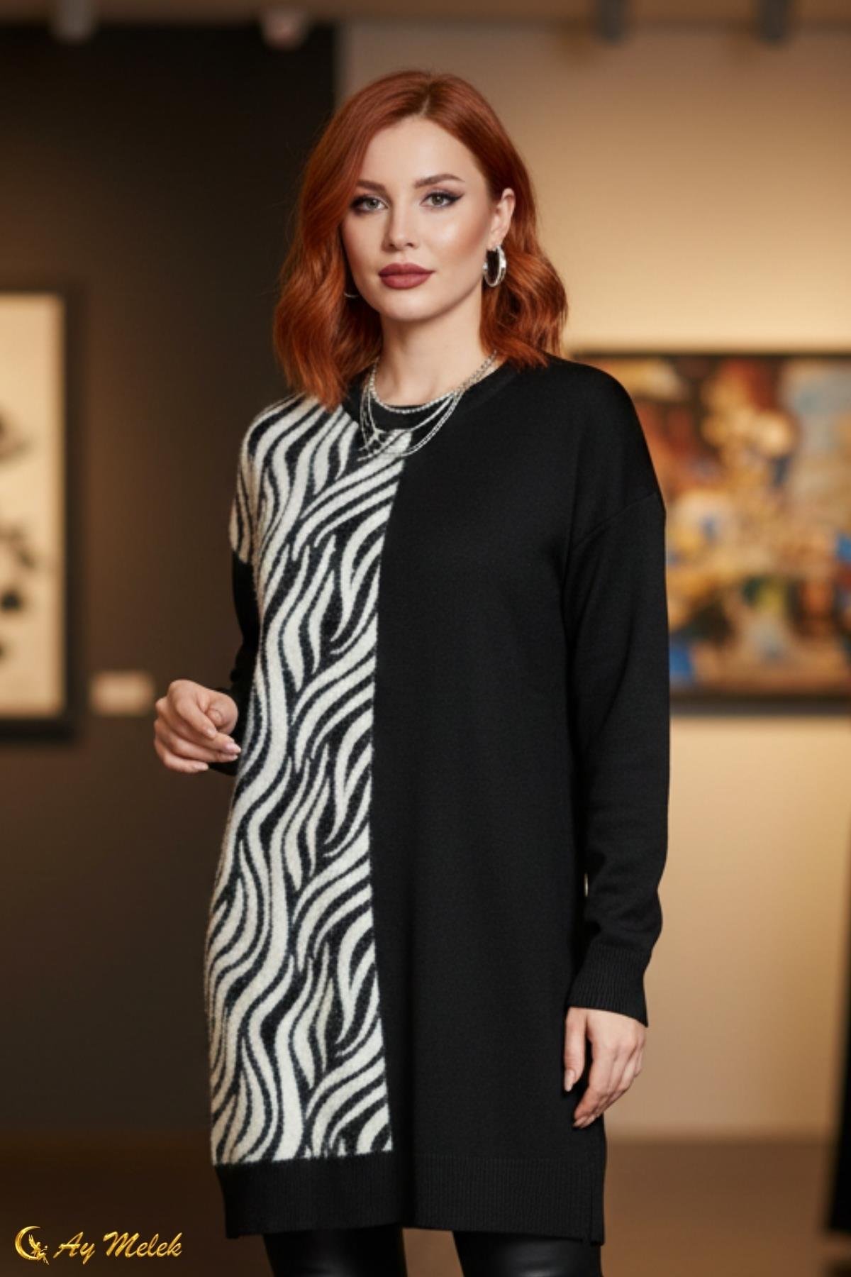  Kadın Triko Kazak Uzun Bisiklet Yaka Zebra Desen Kazak