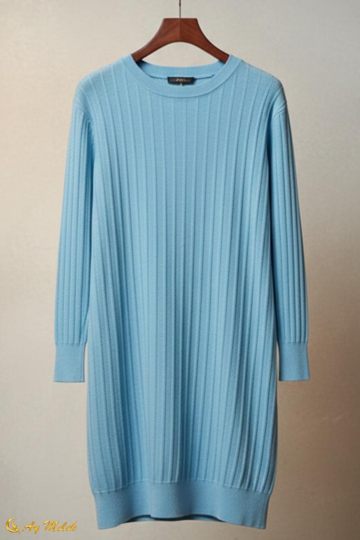  Kadın Triko Kazak Uzun Bisiklet Yaka Düz Tunik