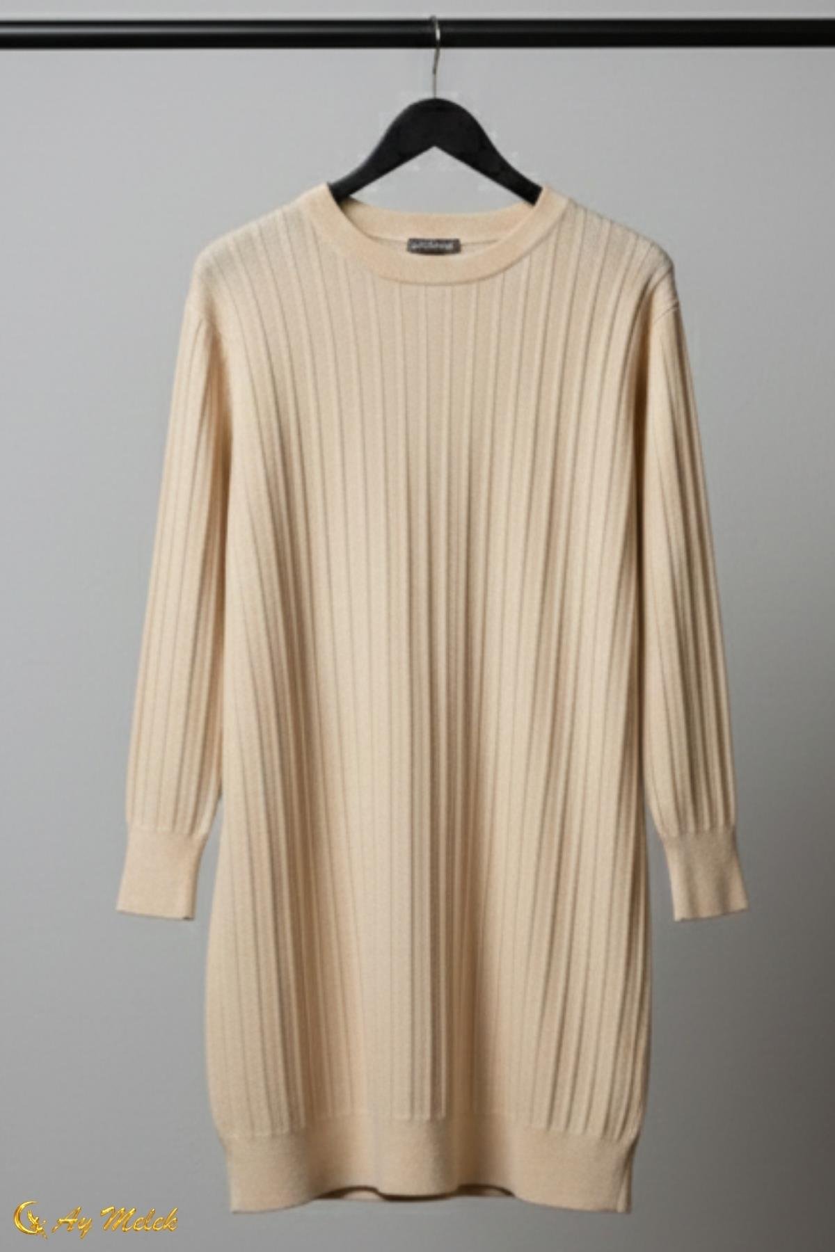  Kadın Triko Kazak Uzun Bisiklet Yaka Düz Tunik