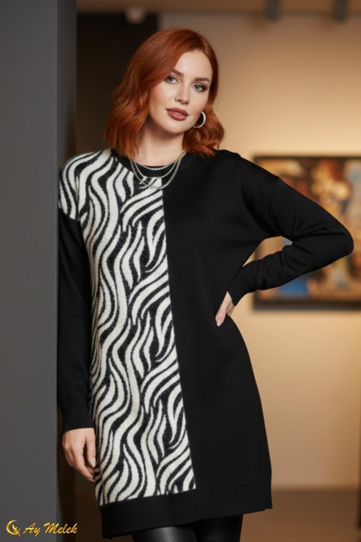  Kadın Triko Kazak Uzun Bisiklet Yaka Zebra Desen Kazak