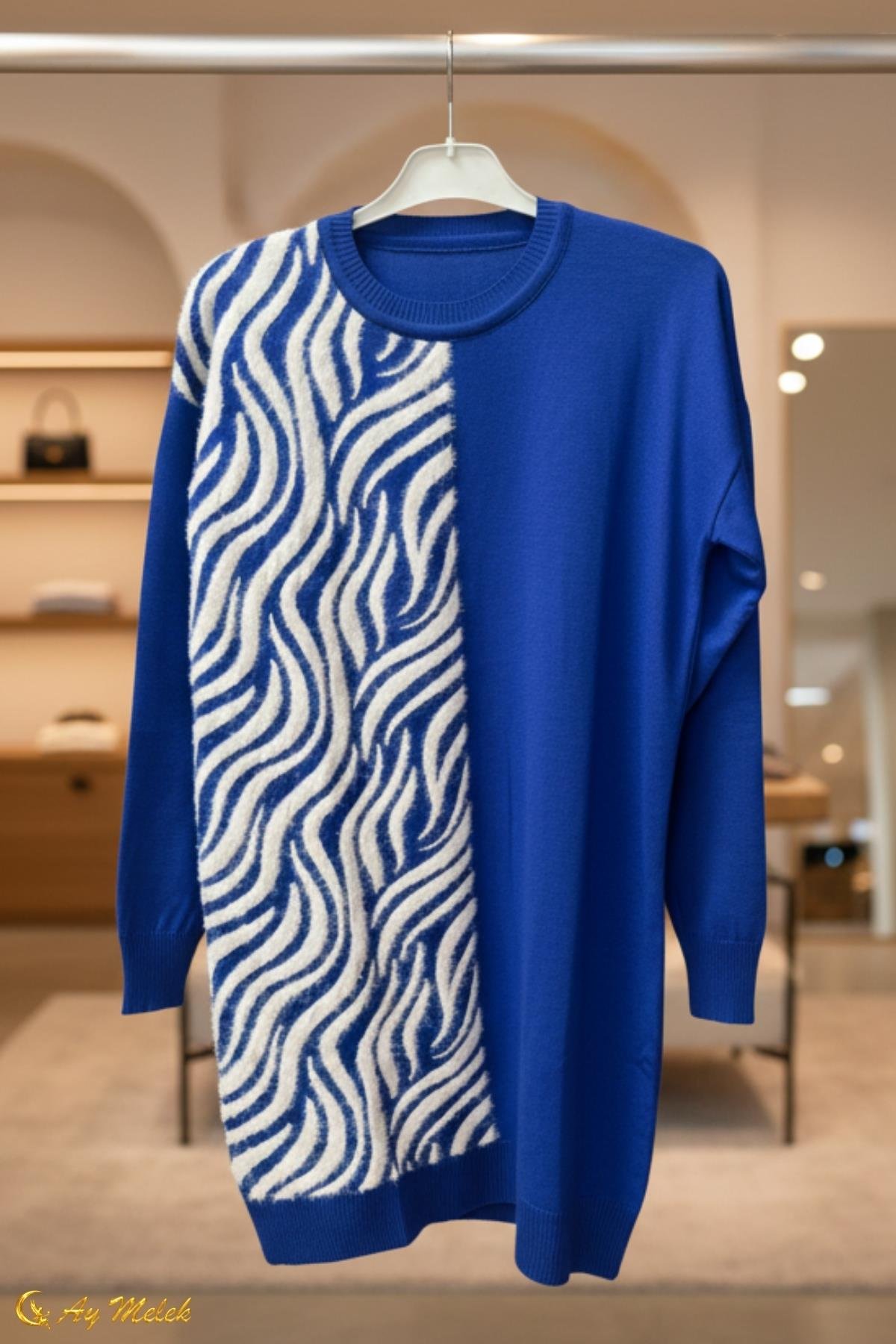  Kadın Triko Kazak Uzun Bisiklet Yaka Zebra Desen Kazak