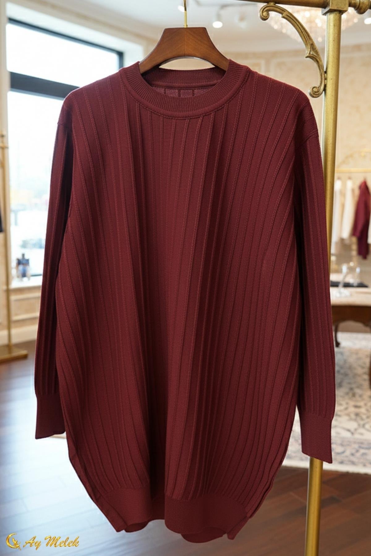  Kadın Triko Kazak Uzun Bisiklet Yaka Düz Tunik