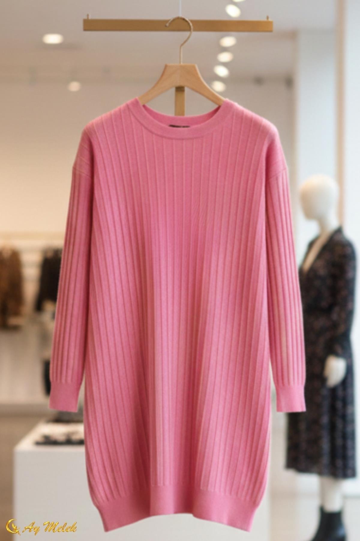  Kadın Triko Kazak Uzun Bisiklet Yaka Düz Tunik