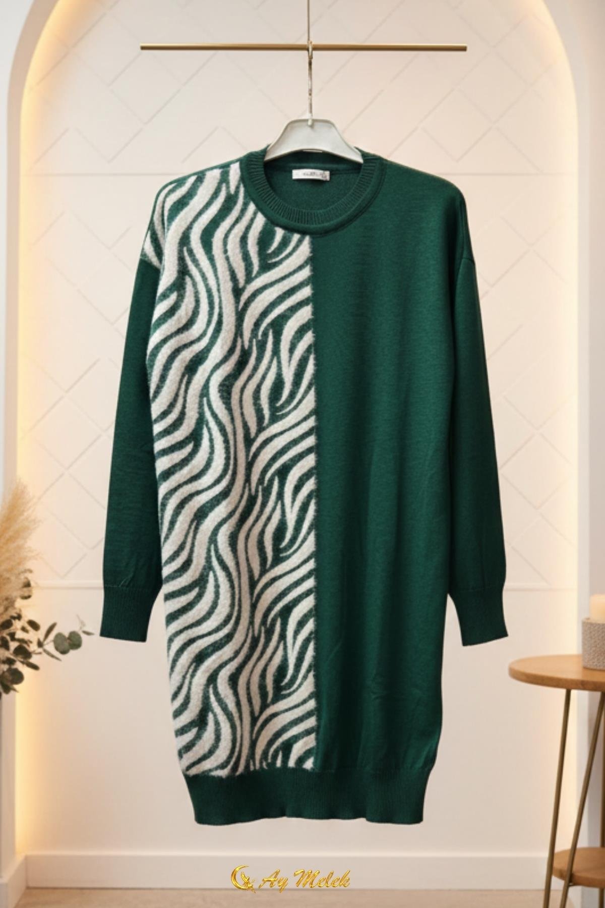  Kadın Triko Kazak Uzun Bisiklet Yaka Zebra Desen Kazak