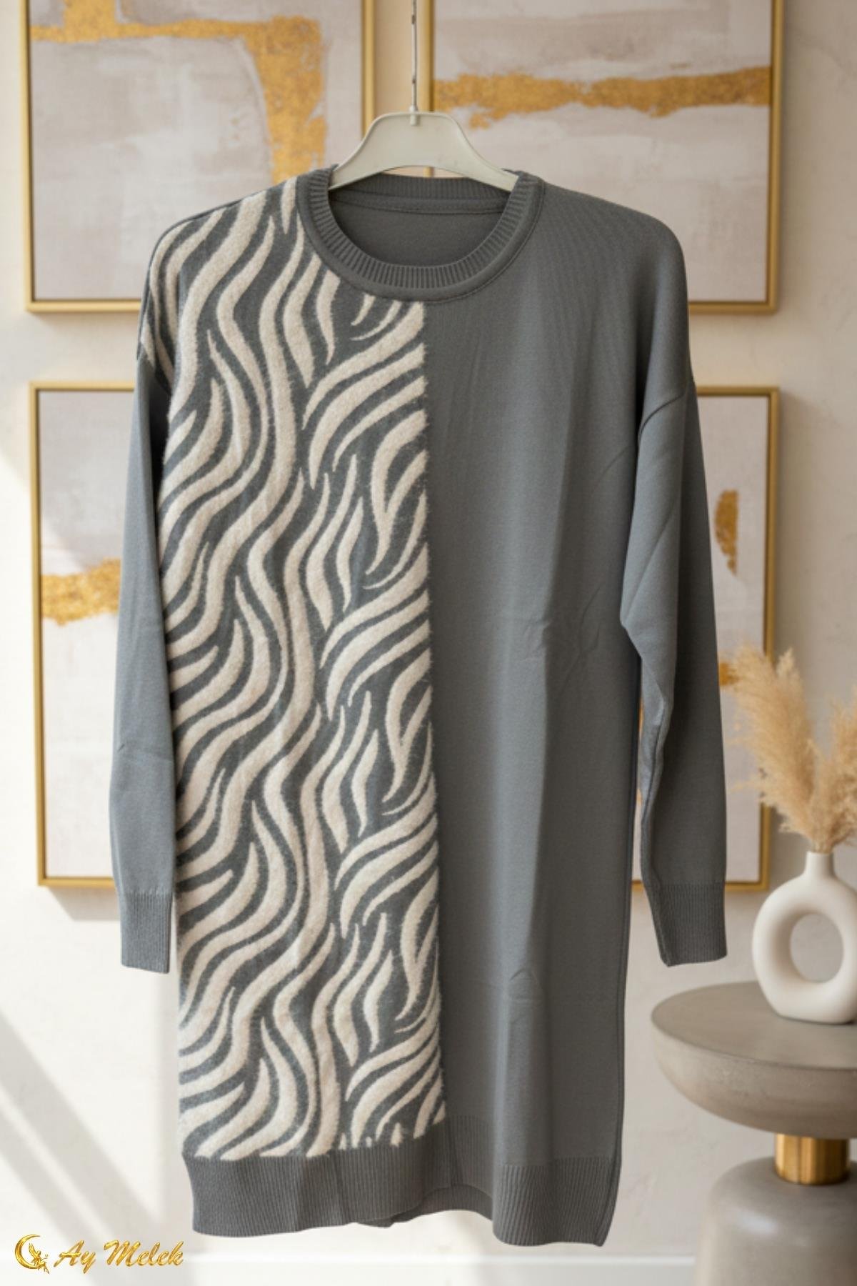  Kadın Triko Kazak Uzun Bisiklet Yaka Zebra Desen Kazak