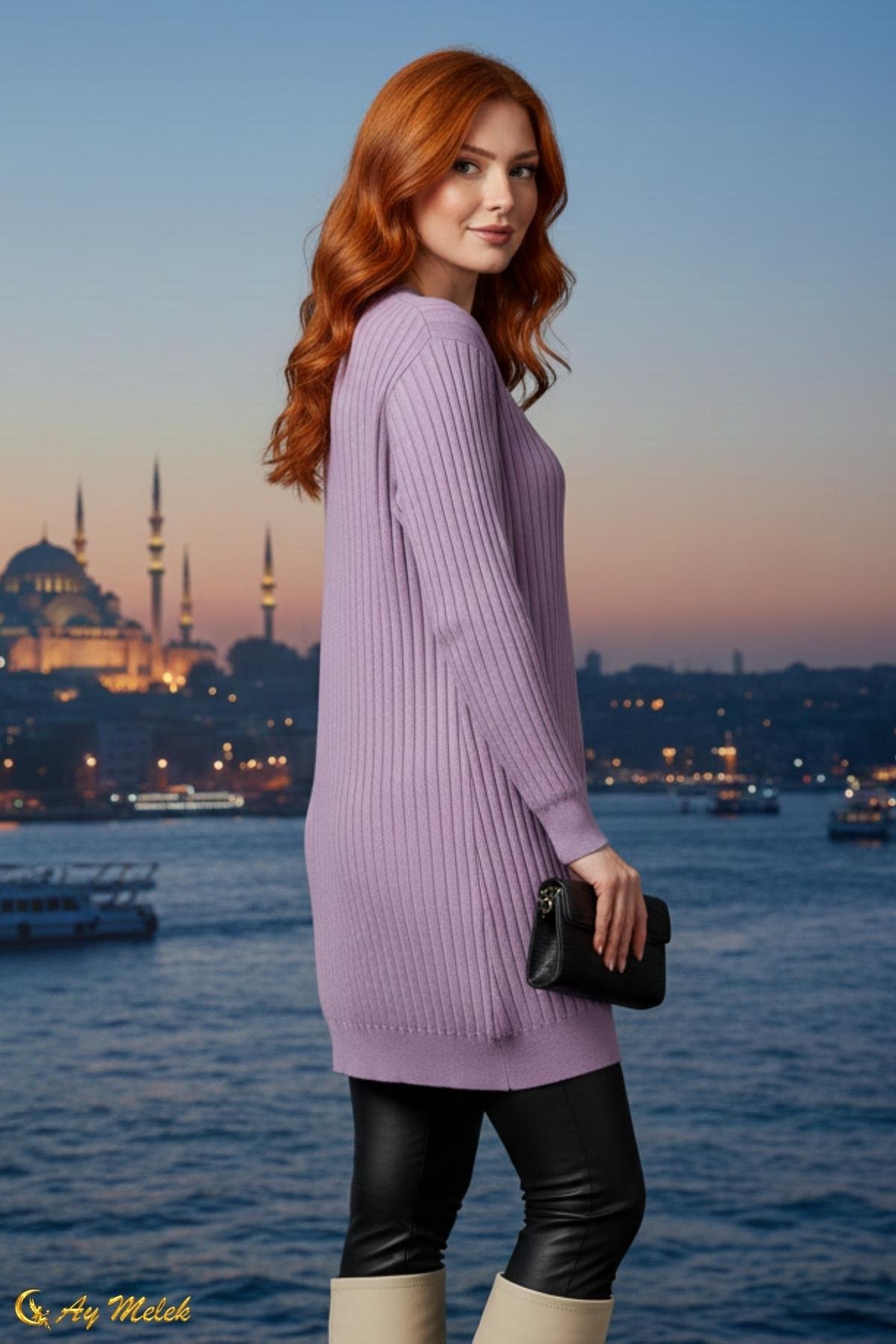  Kadın Triko Kazak Uzun Bisiklet Yaka Düz Tunik