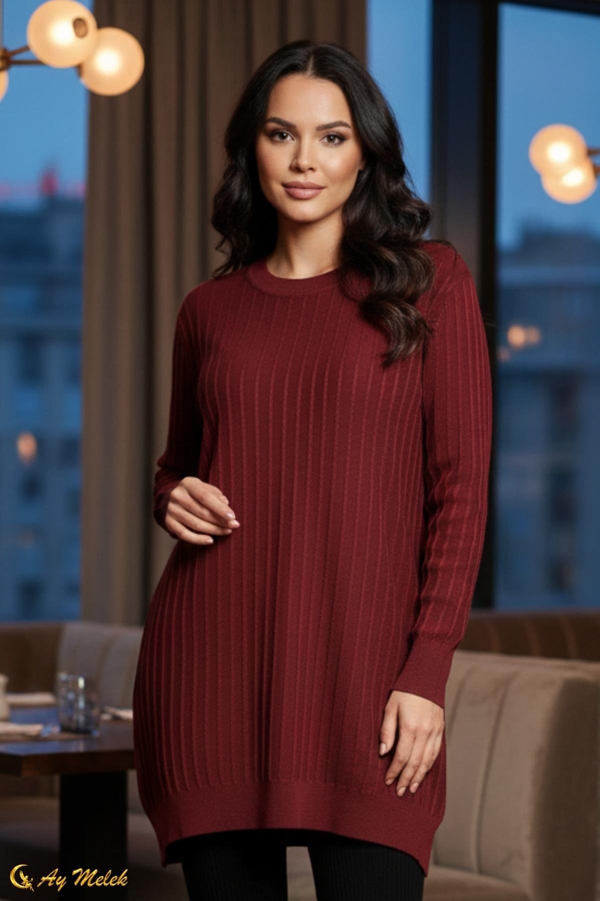  Kadın Triko Kazak Uzun Bisiklet Yaka Düz Tunik