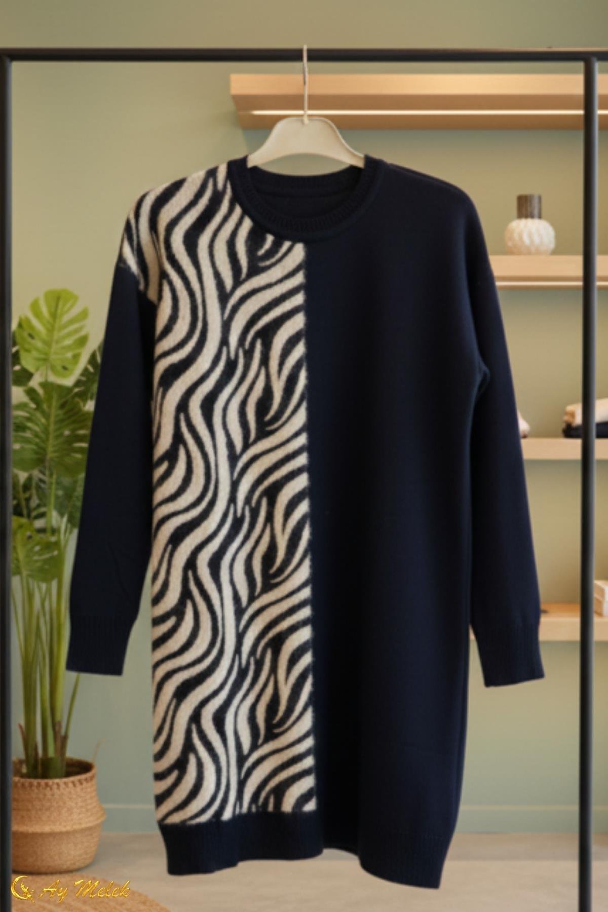  Kadın Triko Kazak Uzun Bisiklet Yaka Zebra Desen Kazak