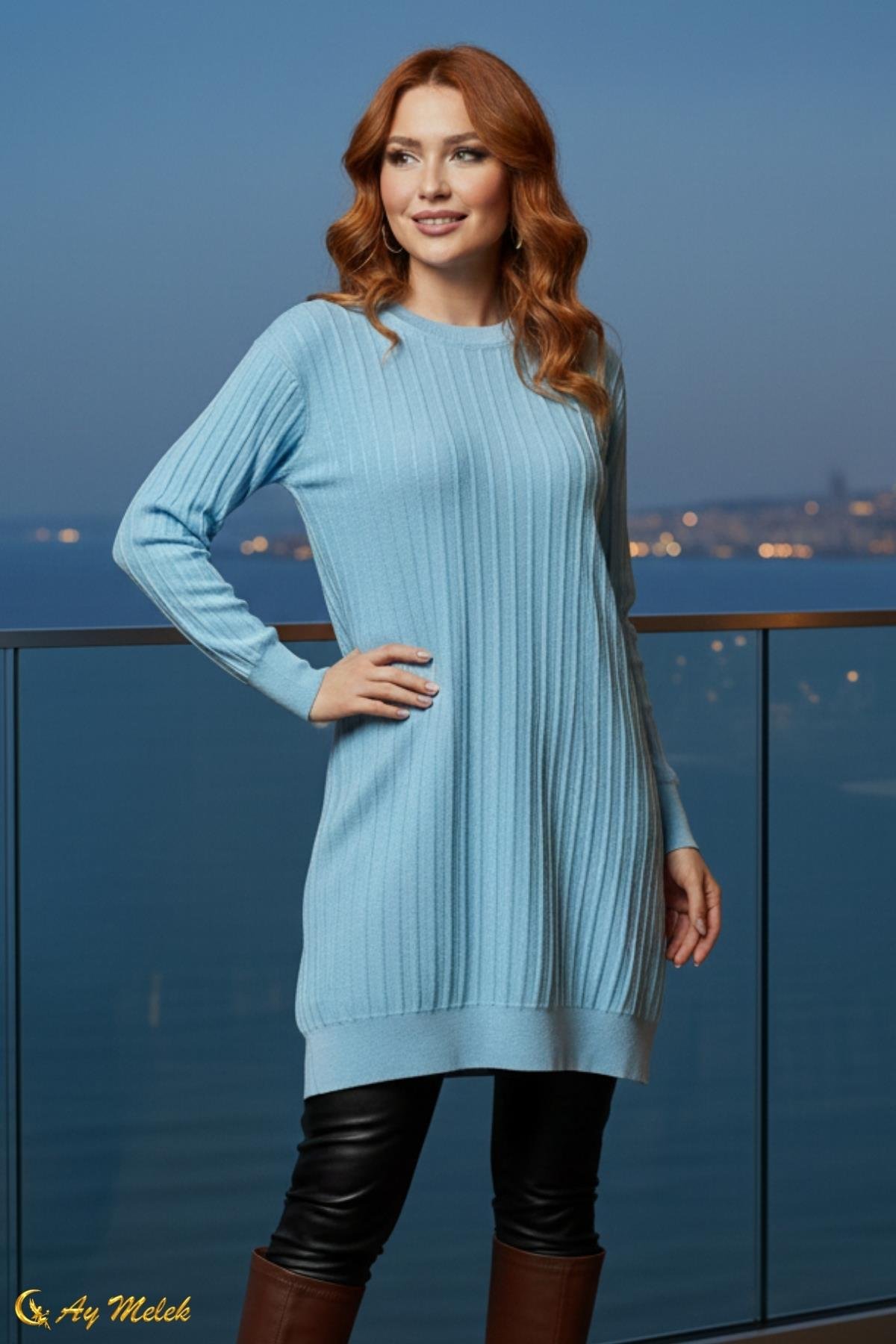  Kadın Triko Kazak Uzun Bisiklet Yaka Düz Tunik