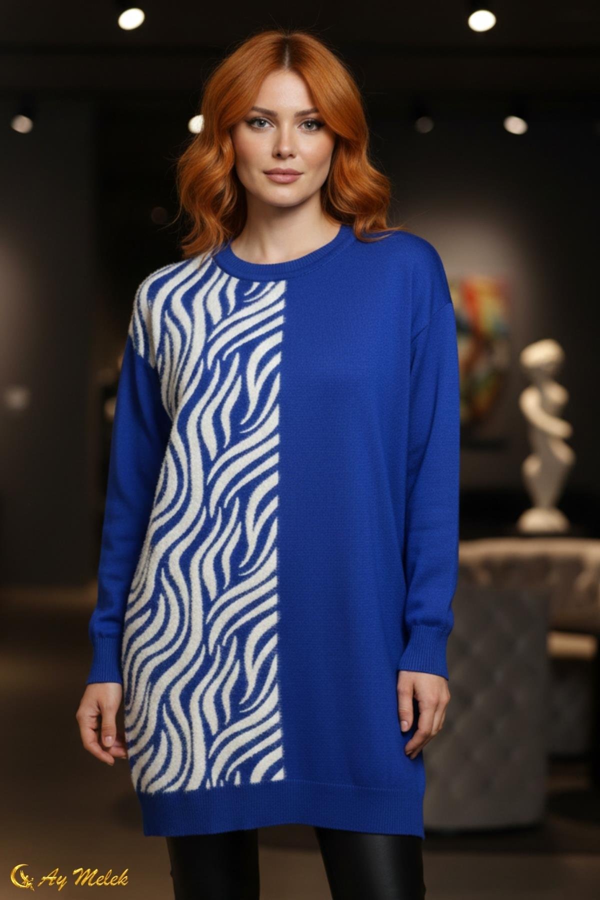  Kadın Triko Kazak Uzun Bisiklet Yaka Zebra Desen Kazak