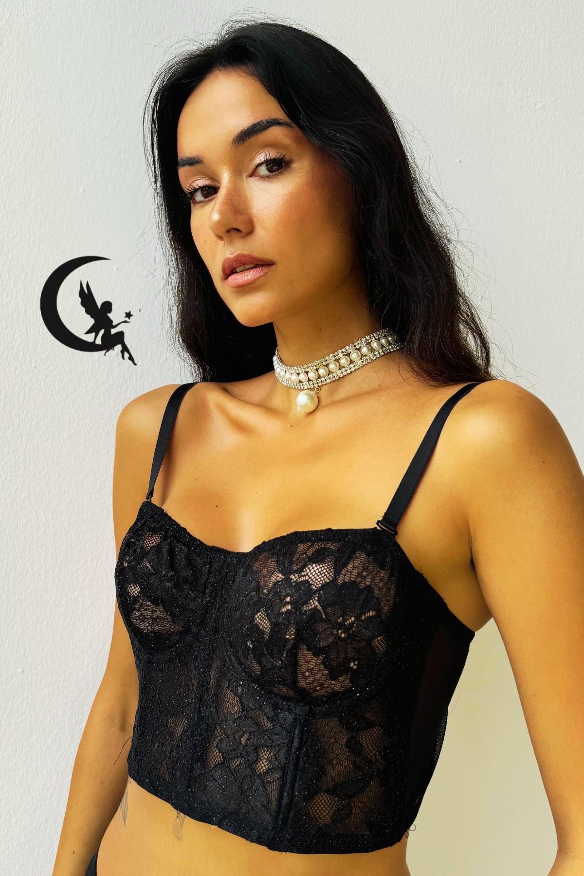 Bustiyer Takım Balenli Simli Kadife Kumaş B-Cap Transparan Tasarım