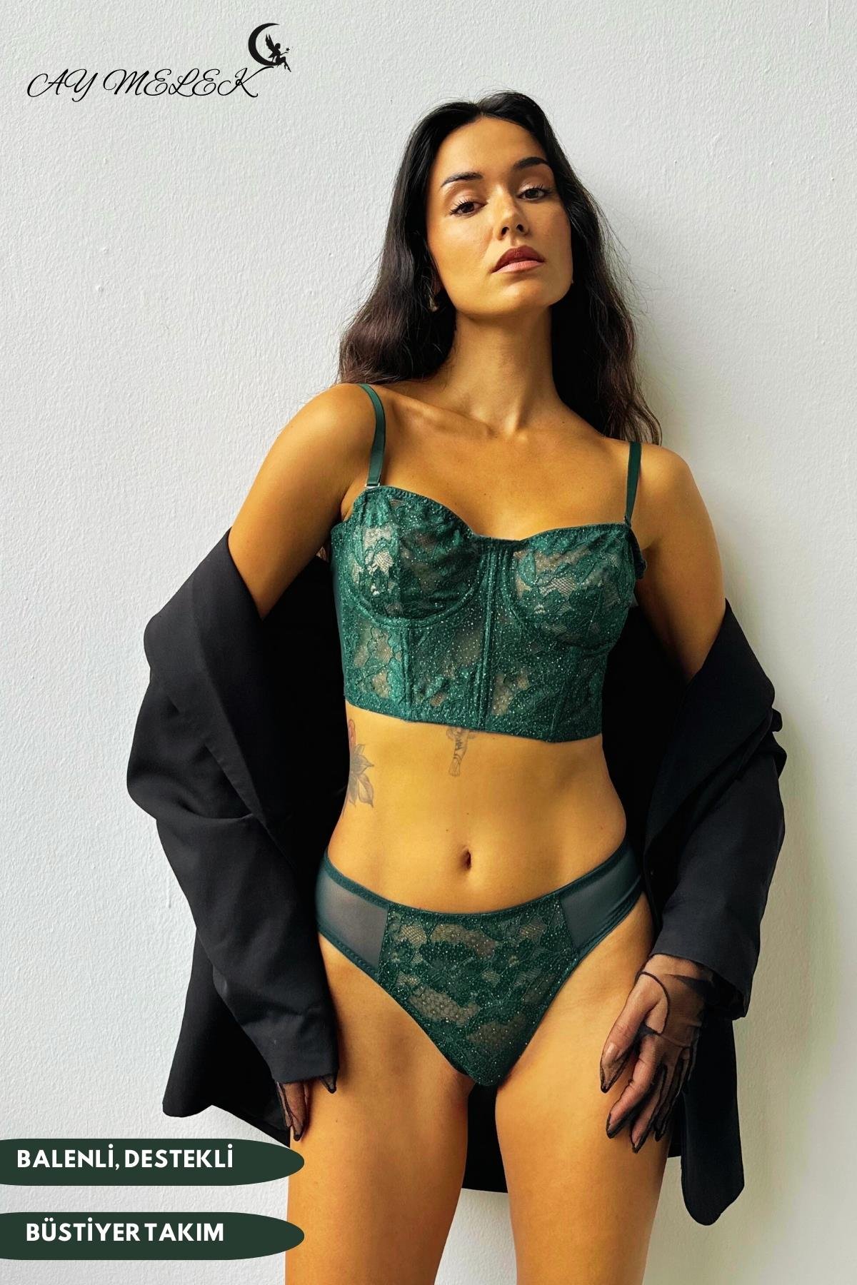 Bustiyer Takım Balenli Simli Kadife Kumaş B-Cap Transparan Tasarım