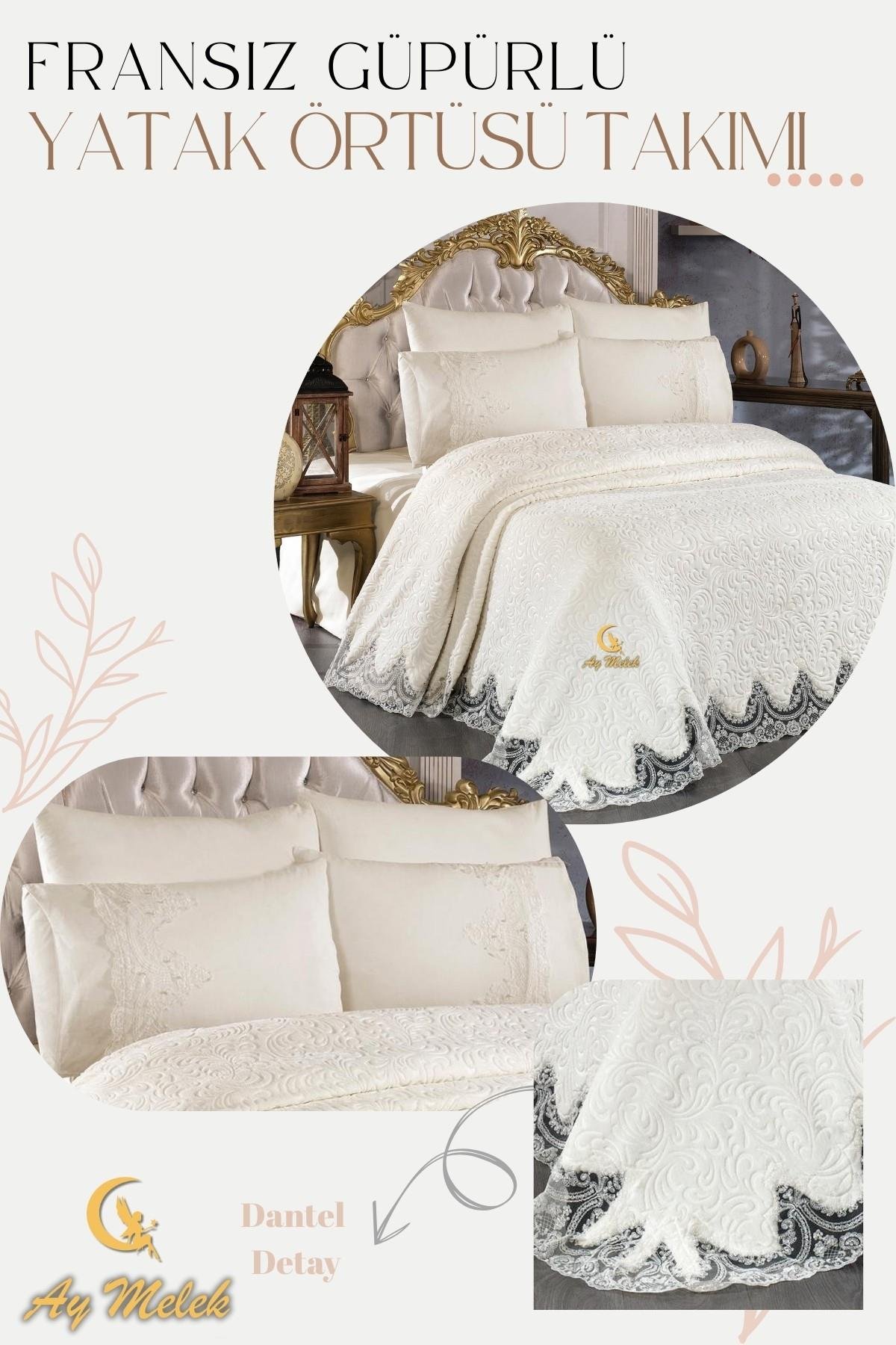 Çift Kişilik Çeyizlik İncili Fransız Güpürlü Battaniyeli Yatak Örtüsü Takımı