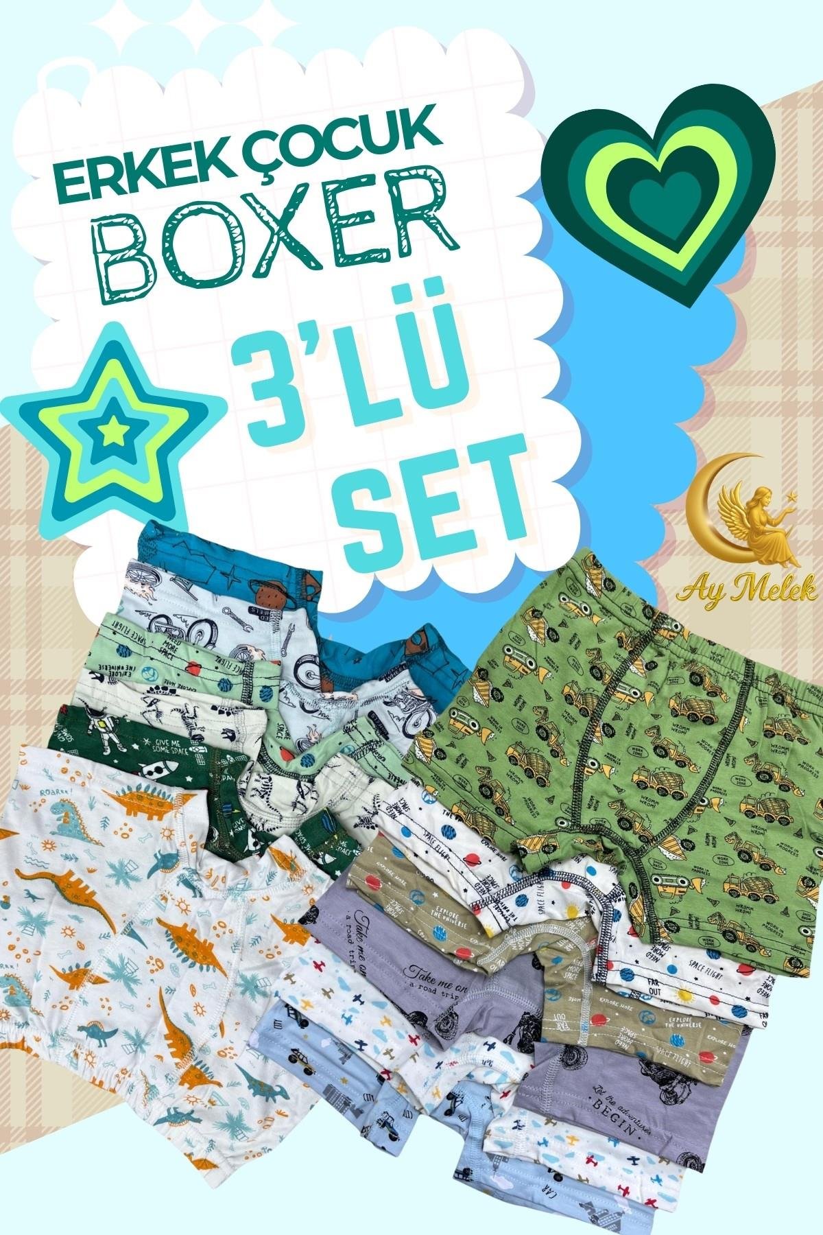 Erkek Çocuk (3`lü Paket) Soft Yıkama Pamuklu Renkli Baskılı Boxer