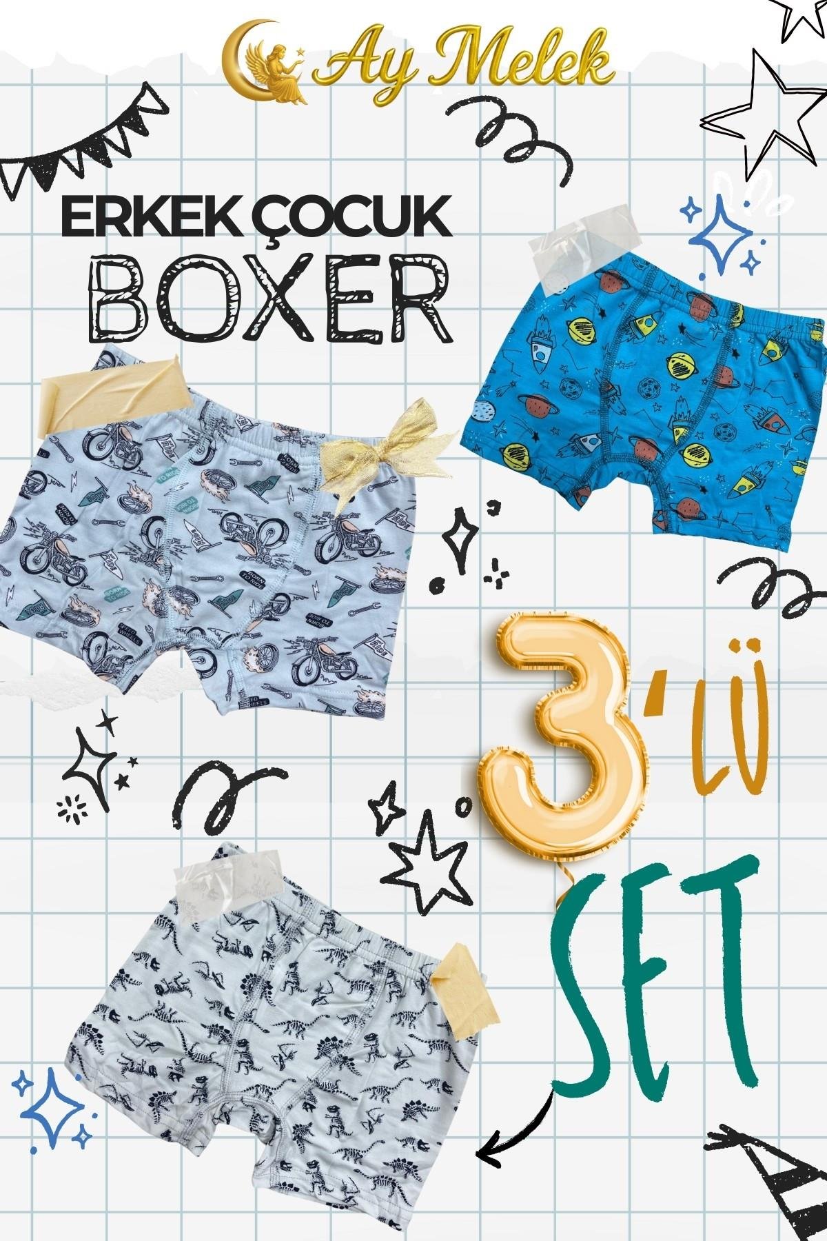 Erkek Çocuk (3`lü Paket) Soft Yıkama Pamuklu Renkli Baskılı Boxer