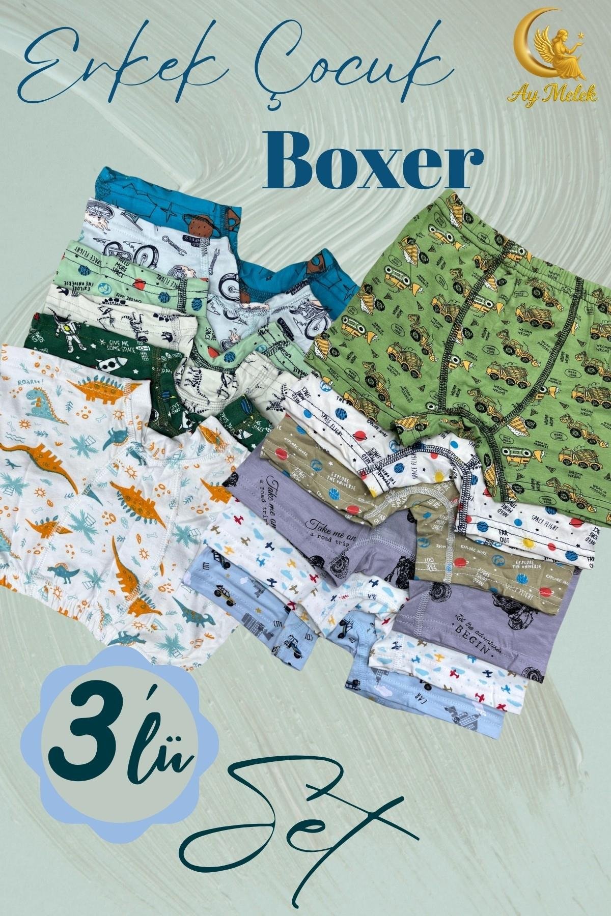Erkek Çocuk (3`lü Paket) Soft Yıkama Pamuklu Renkli Baskılı Boxer