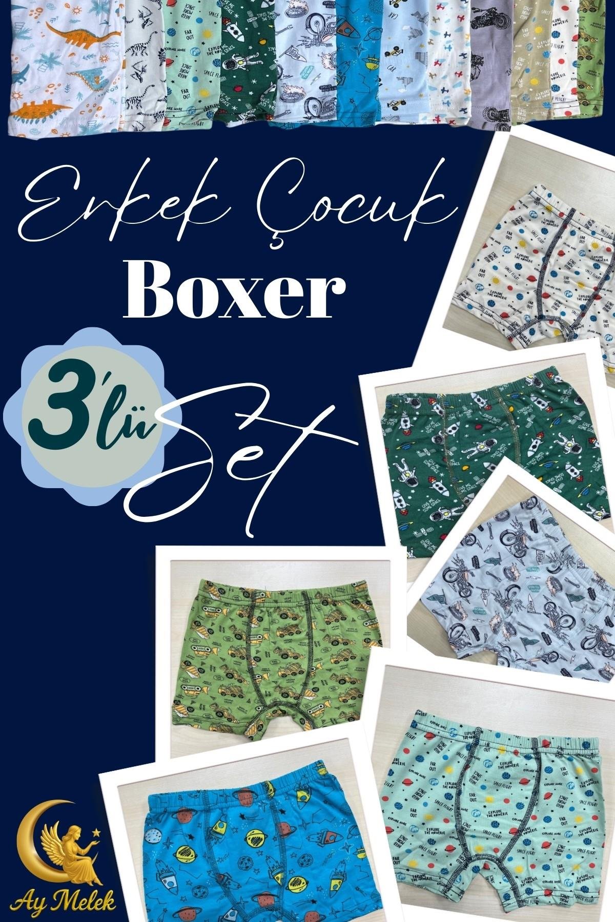 Erkek Çocuk (3`lü Paket) Soft Yıkama Pamuklu Renkli Baskılı Boxer