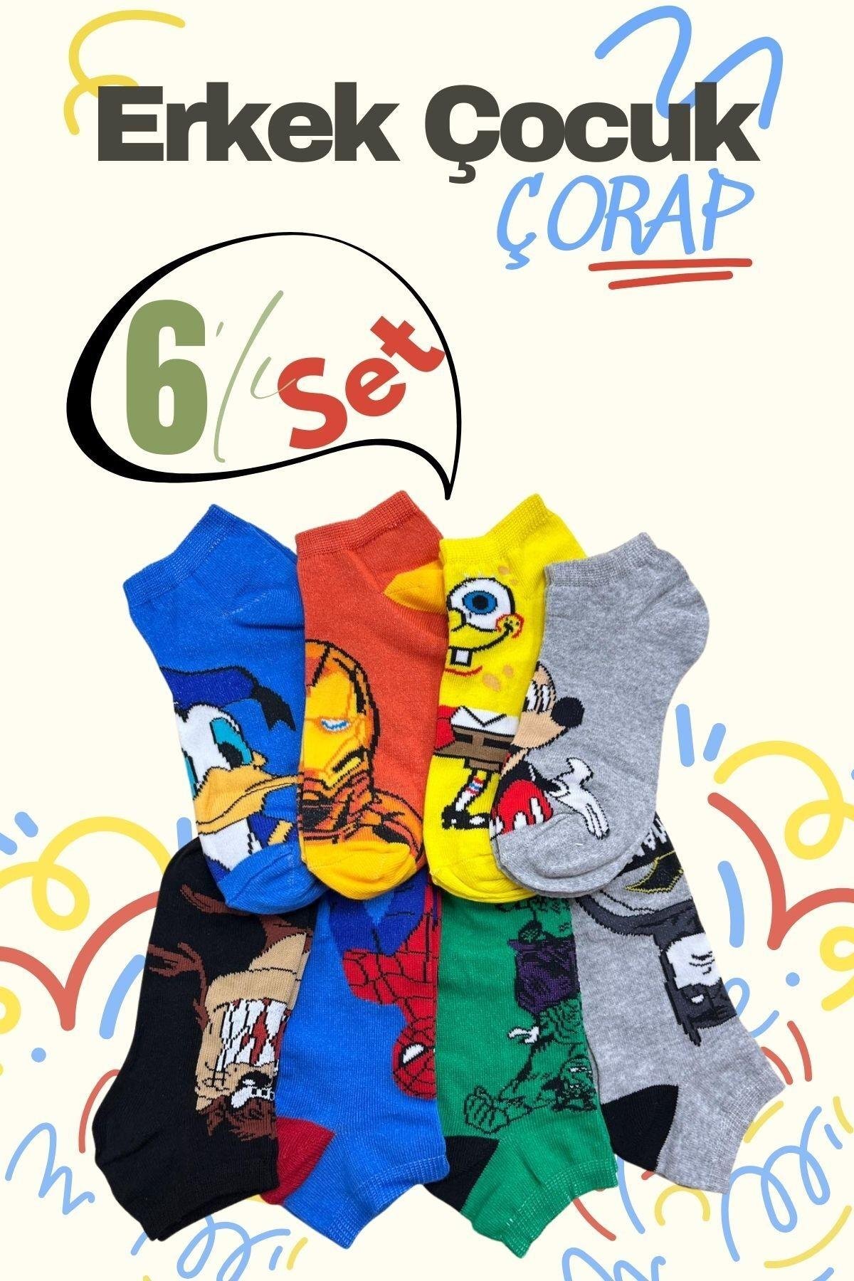 Erkek Çocuk 6`lı Paket Desenli Soft Yıkama Pamuklu Patik Çorap
