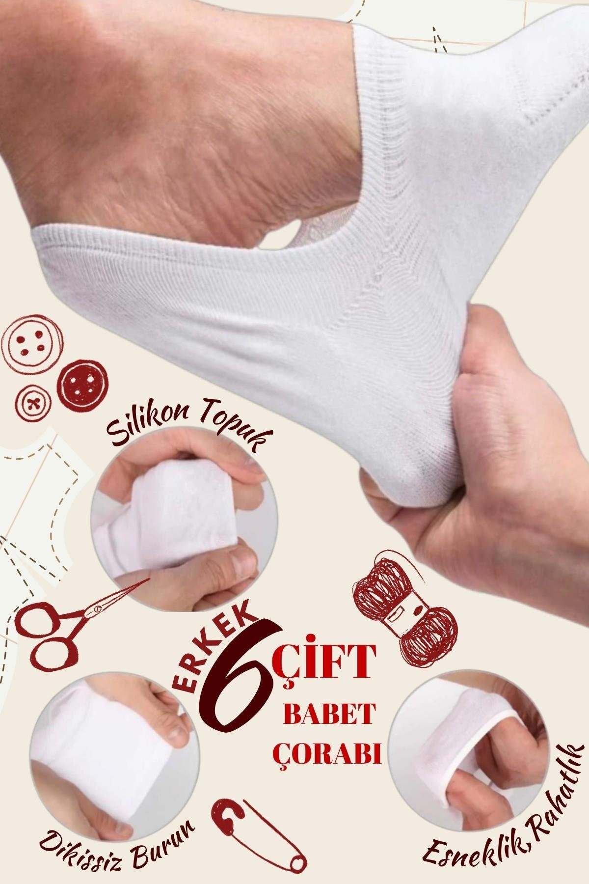 Erkek Çorap (6 Çift) Silikon Topuk Kaymayan Burun Dikişsiz Kaliteli Babet Çorap