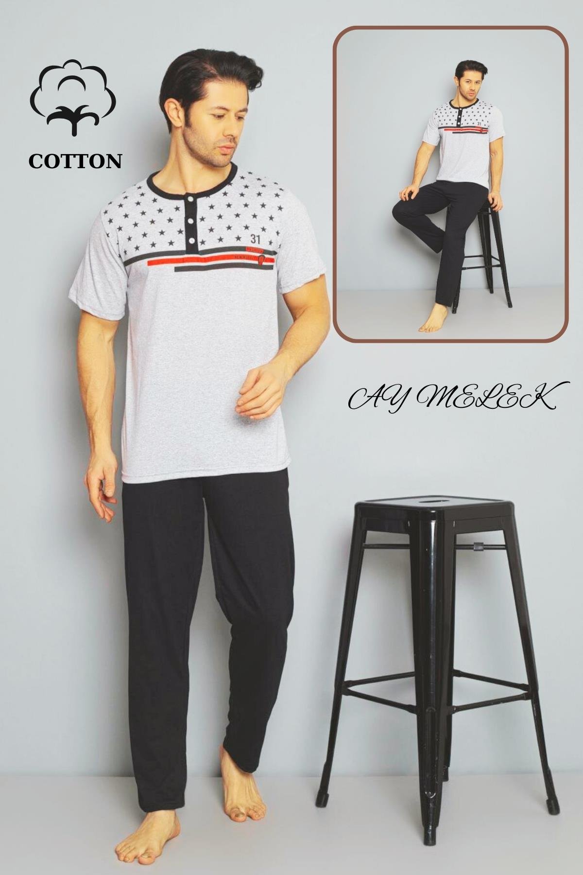 Erkek Pamuklu Pijama Takımı Cotton Gömlek ve Pijama Seti