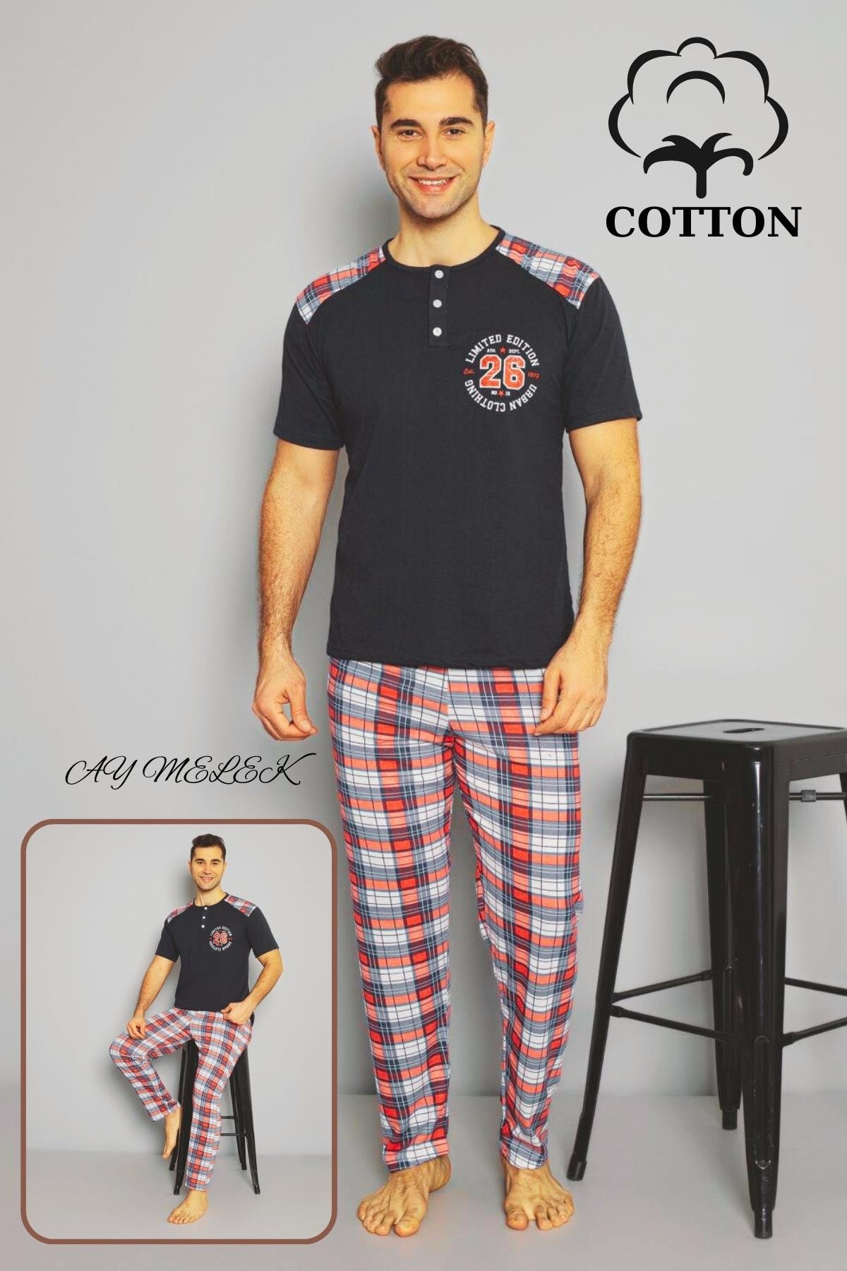 Erkek Pamuklu Pijama Takımı Cotton Gömlek ve Pijama Seti