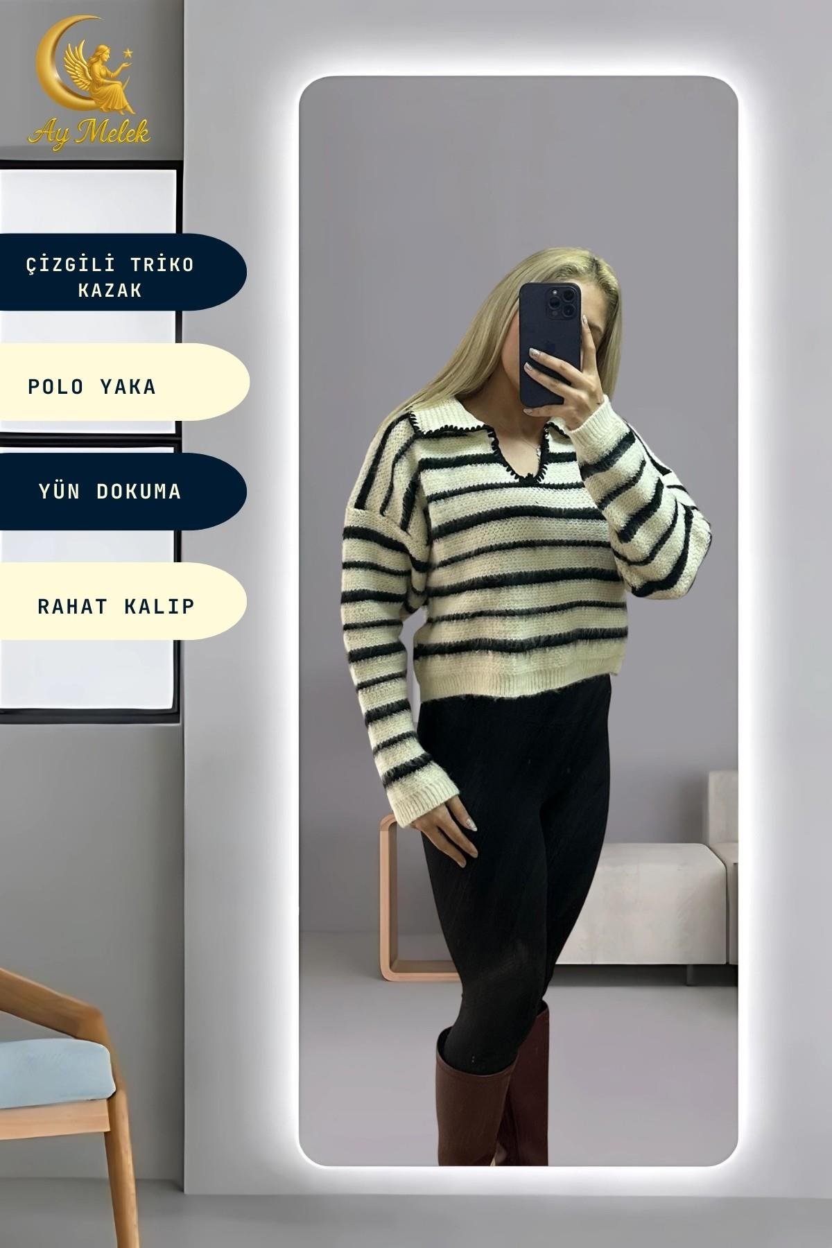 Kadın Çizgili Polo Yaka Oversize Triko Kısa Kazak