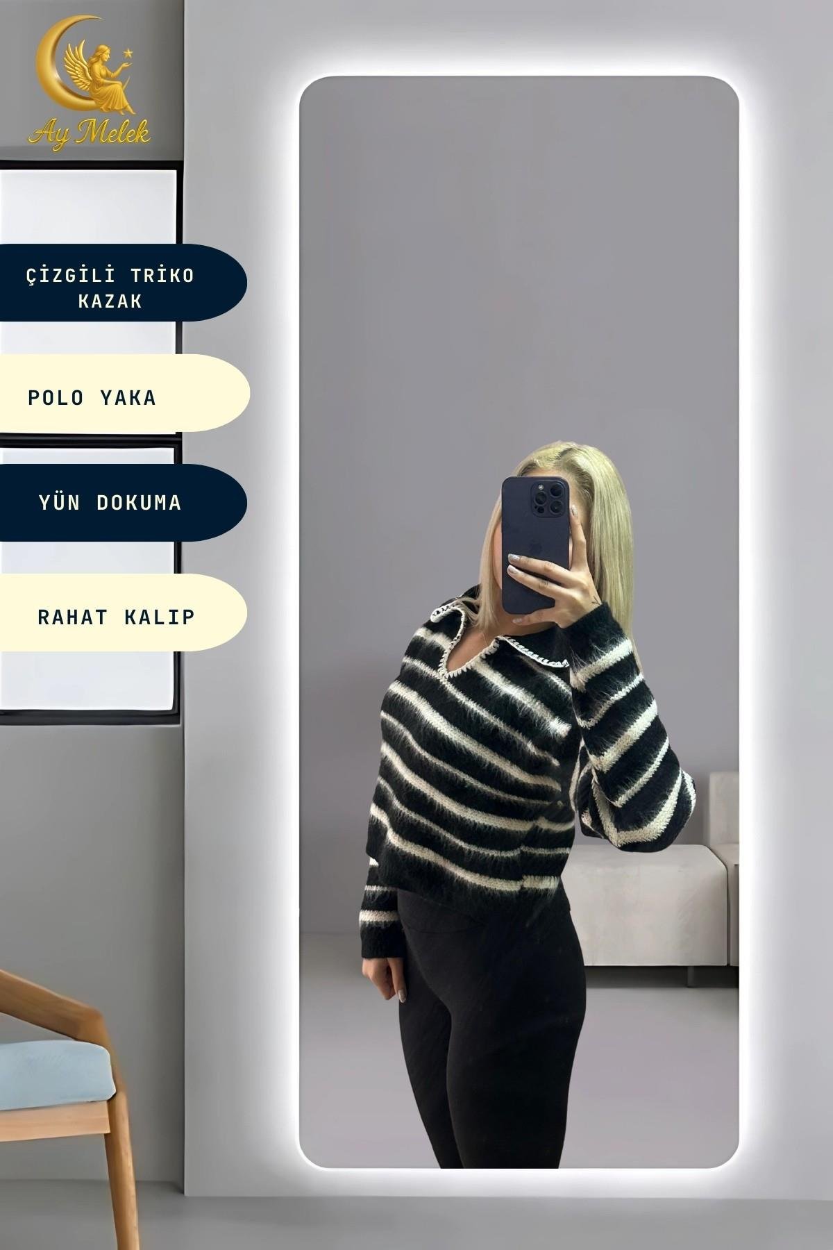 Kadın Çizgili Polo Yaka Oversize Triko Kısa Kazak