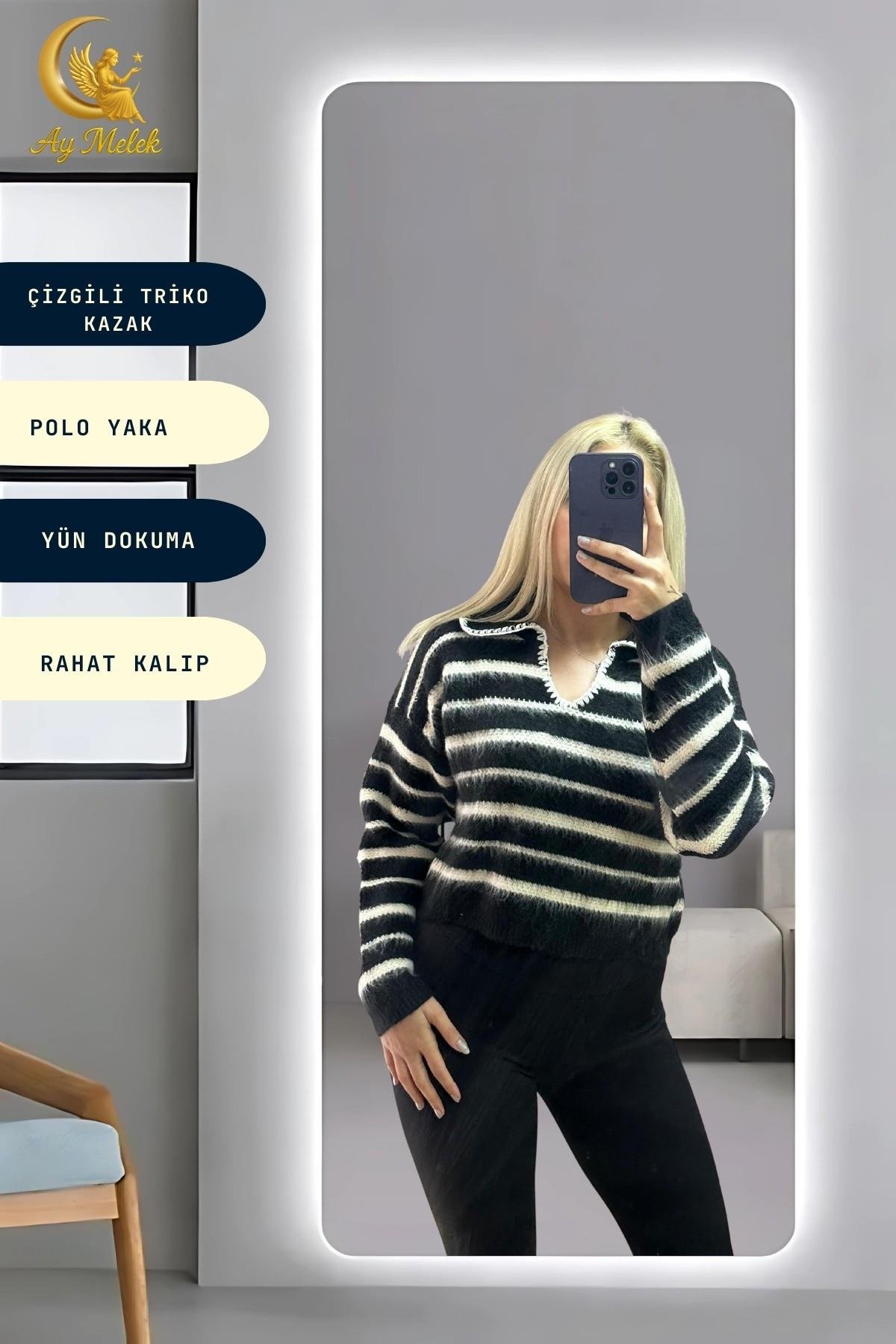 Kadın Çizgili Polo Yaka Oversize Triko Kısa Kazak