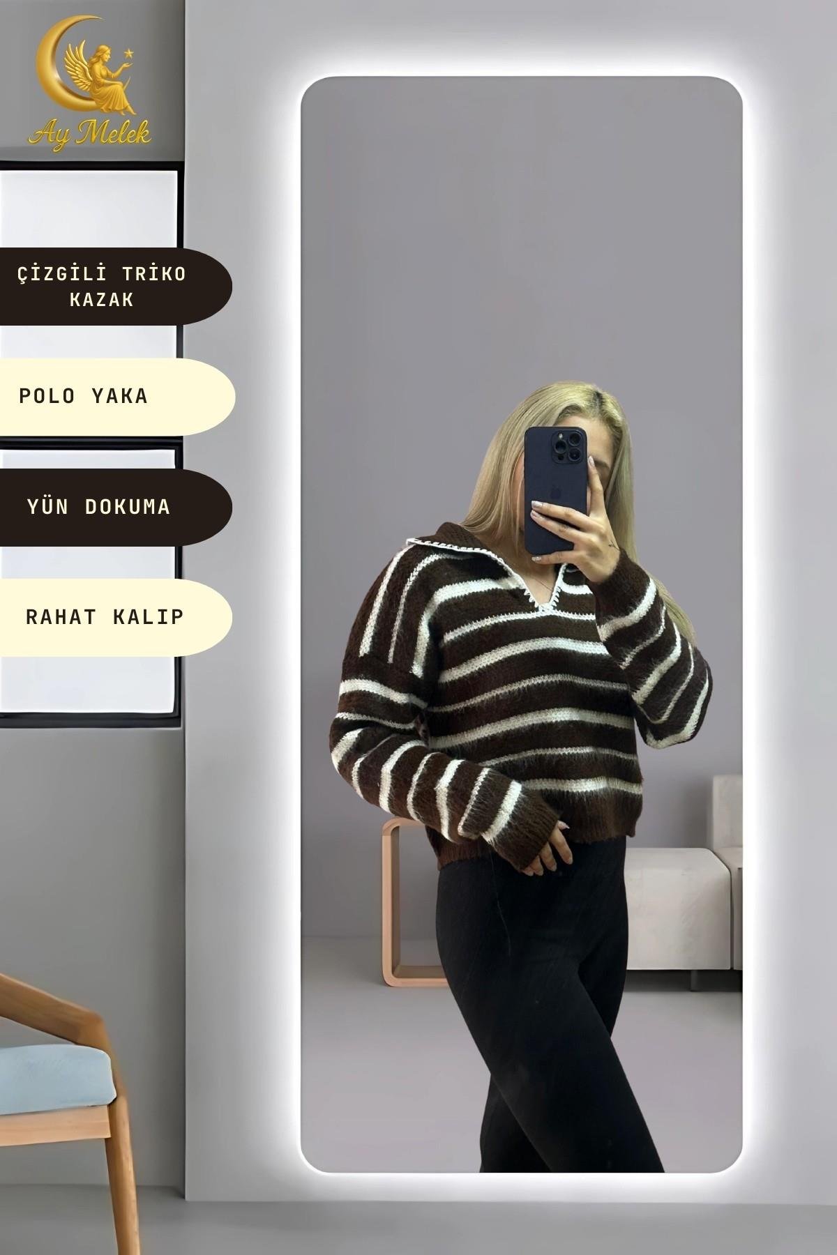 Kadın Çizgili Polo Yaka Oversize Triko Kısa Kazak