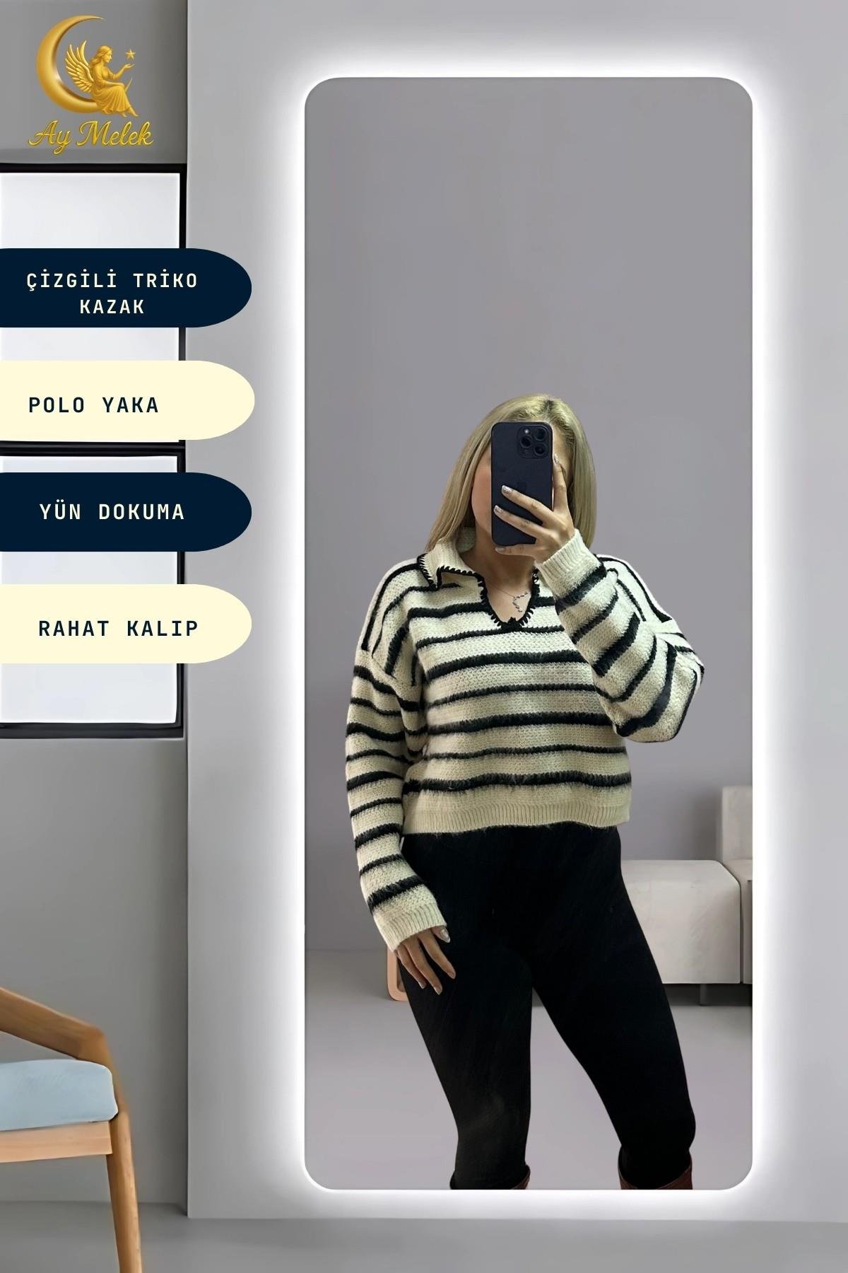 Kadın Çizgili Polo Yaka Oversize Triko Kısa Kazak