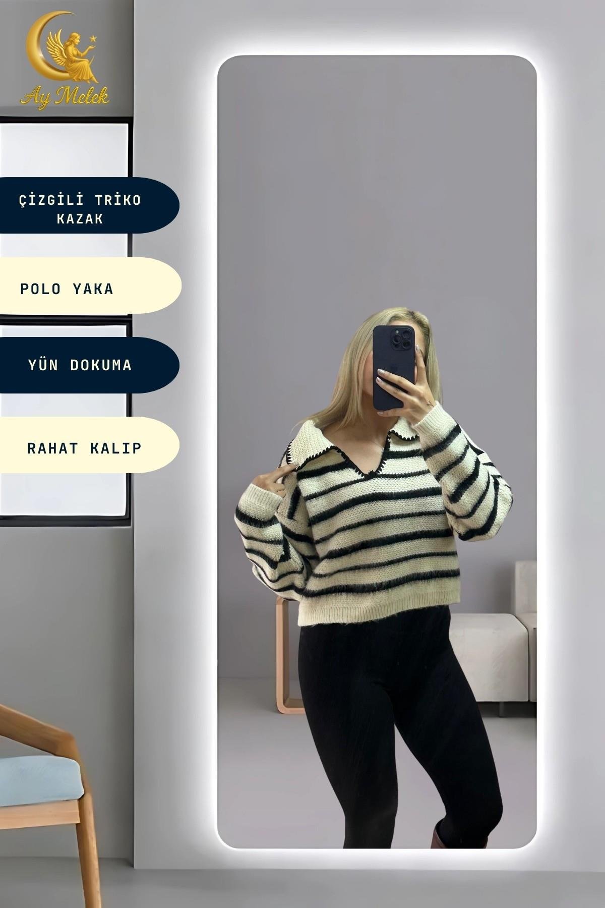 Kadın Çizgili Polo Yaka Oversize Triko Kısa Kazak