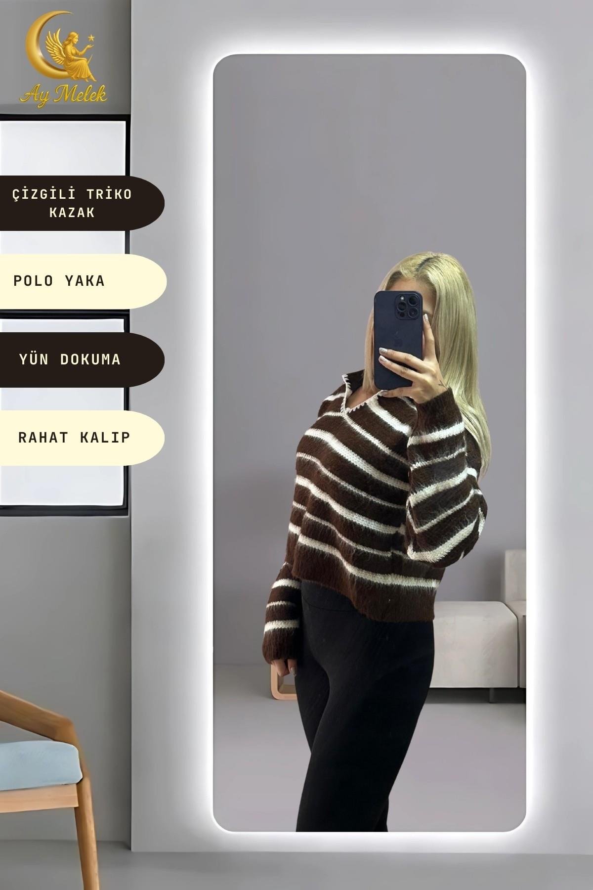 Kadın Çizgili Polo Yaka Oversize Triko Kısa Kazak