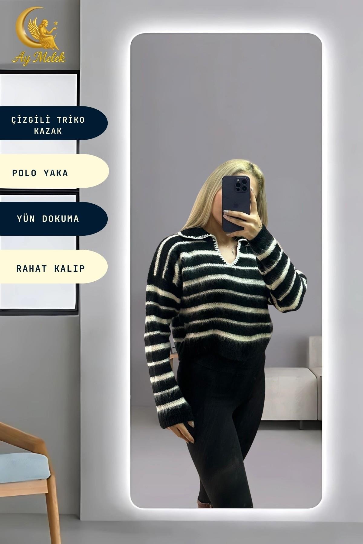 Kadın Çizgili Polo Yaka Oversize Triko Kısa Kazak