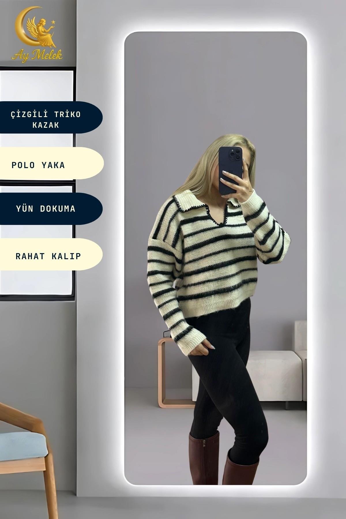 Kadın Çizgili Polo Yaka Oversize Triko Kısa Kazak