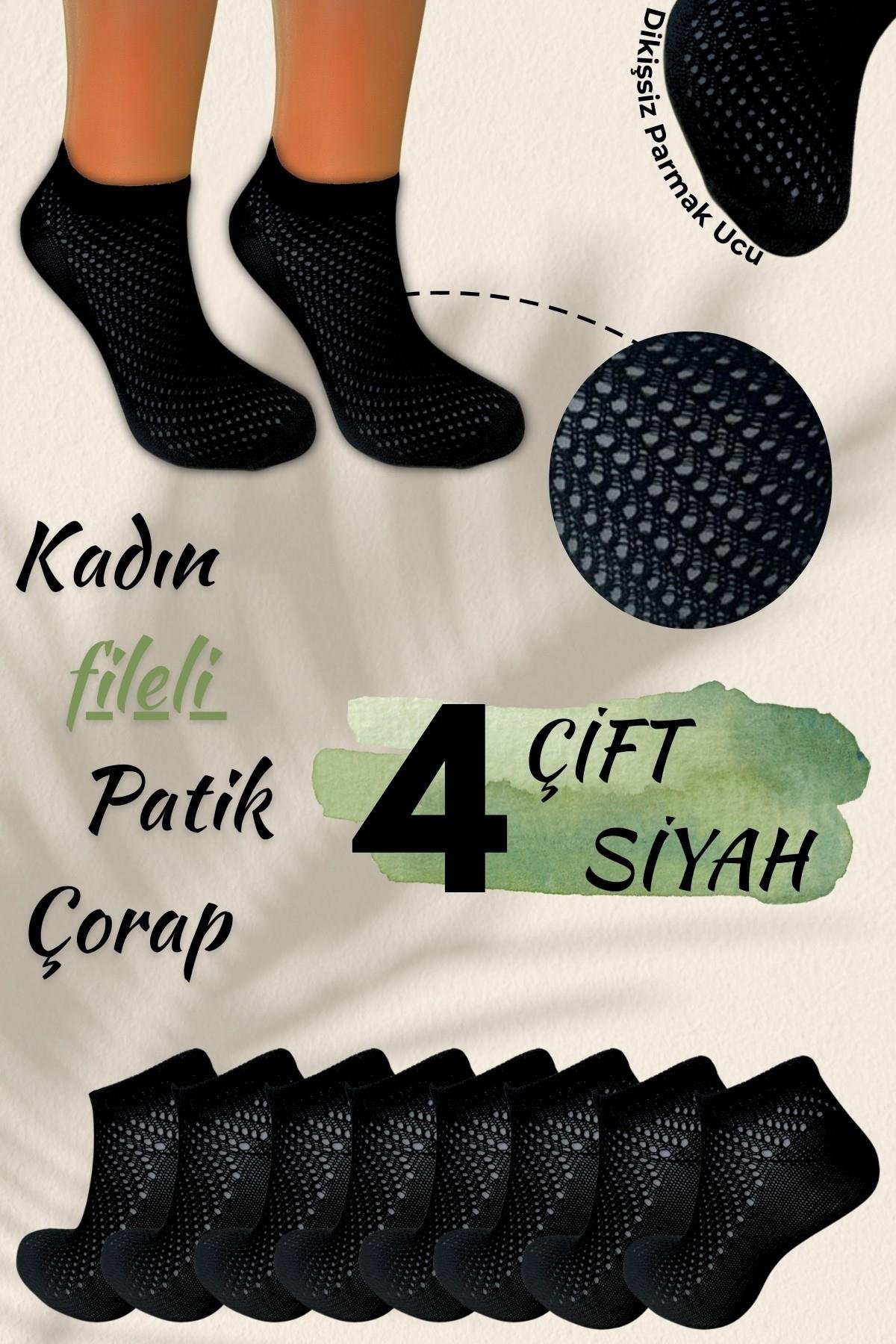 Kadın Çorap (4 Çift) Fileli Pamuklu Nefes Alan Patik Çorap