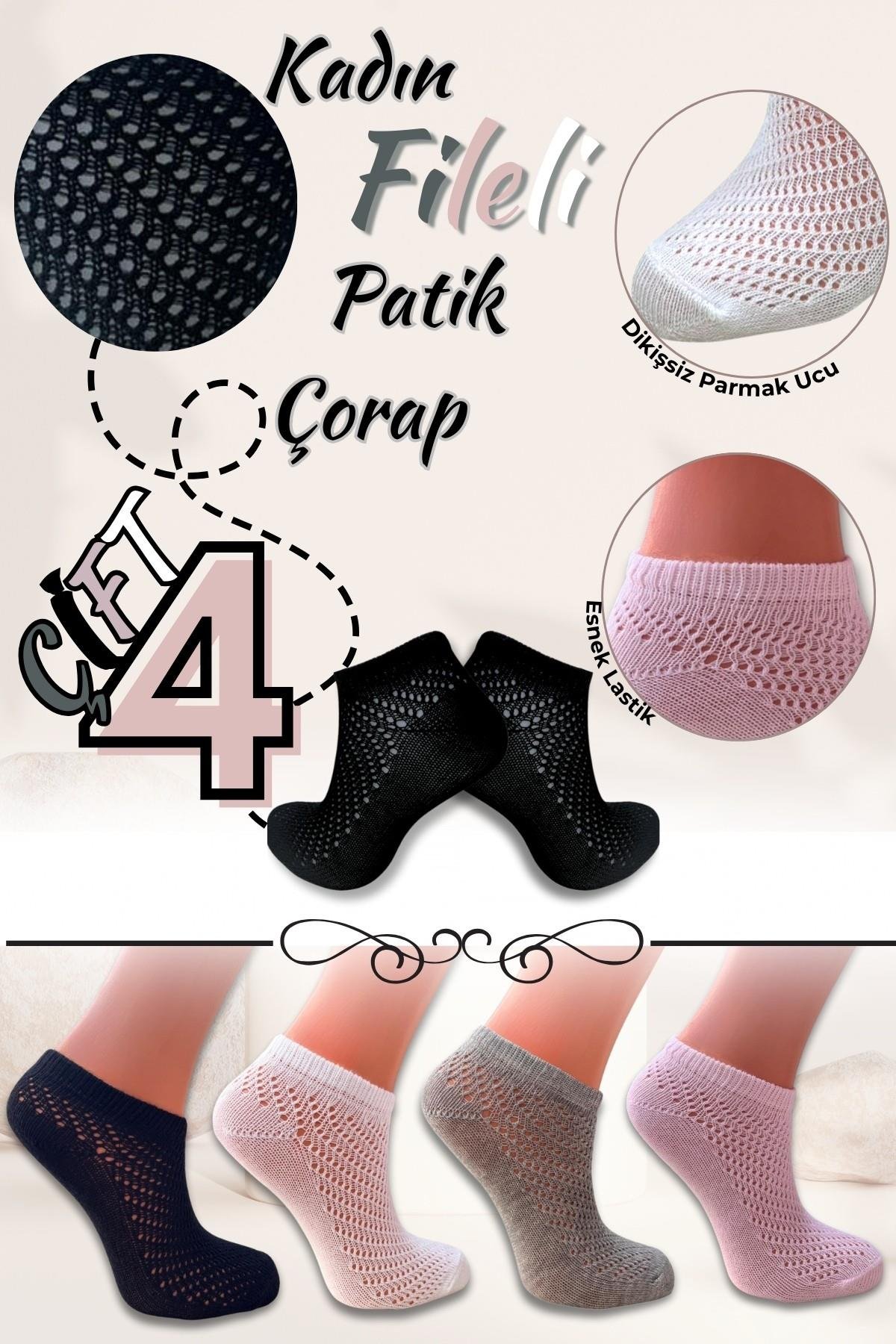 Kadın Çorap (4 Çift) Fileli Pamuklu Nefes Alan Patik Çorap