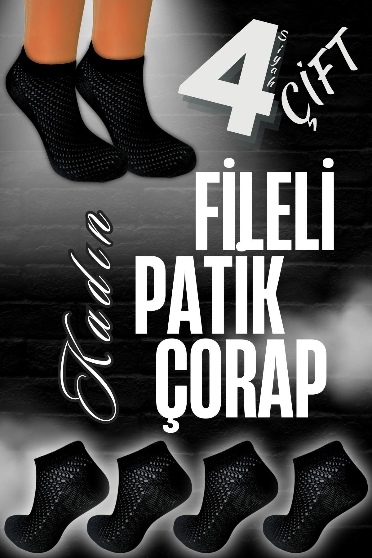 Kadın Çorap (4 Çift) Fileli Pamuklu Nefes Alan Patik Çorap