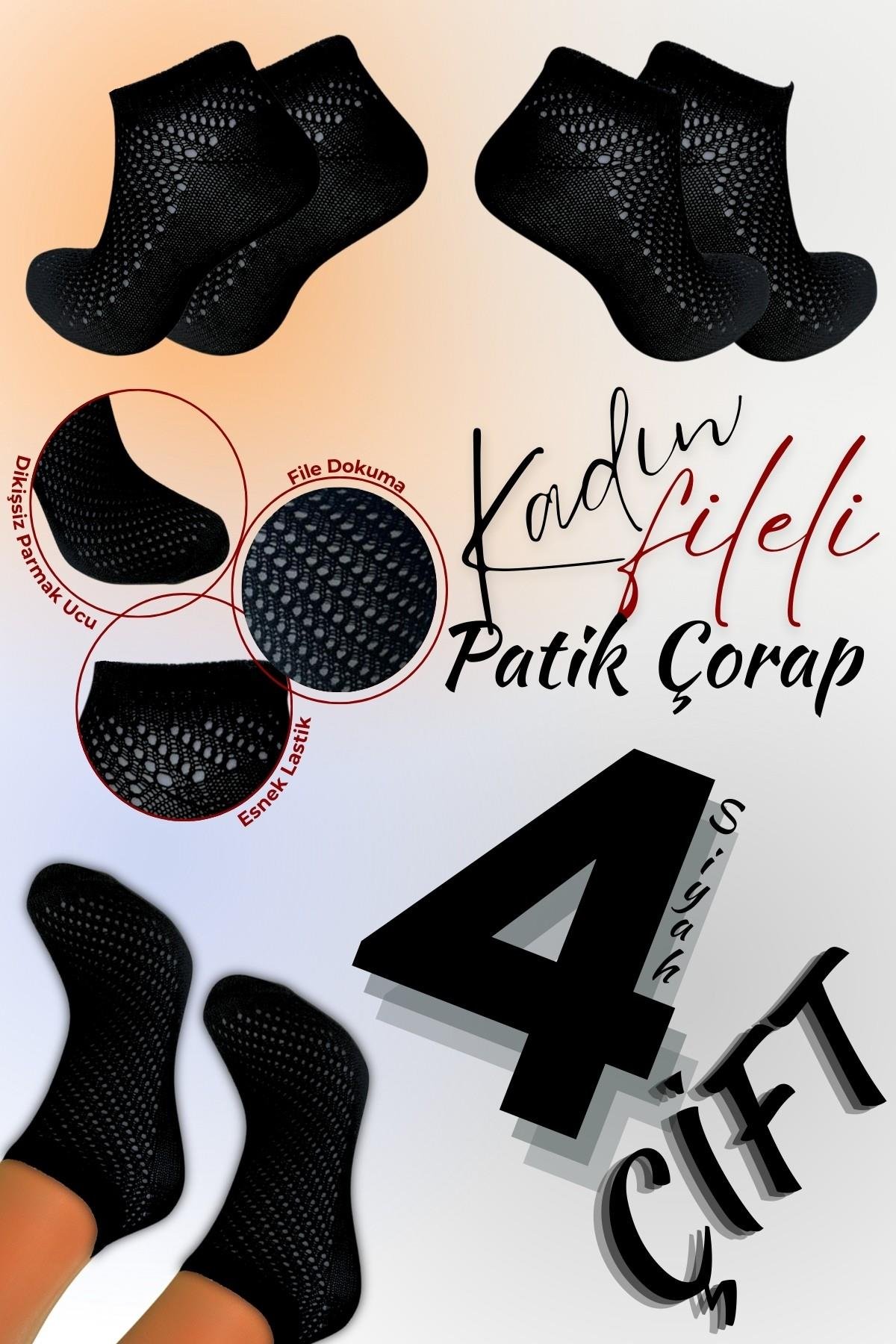 Kadın Çorap (4 Çift) Fileli Pamuklu Nefes Alan Patik Çorap