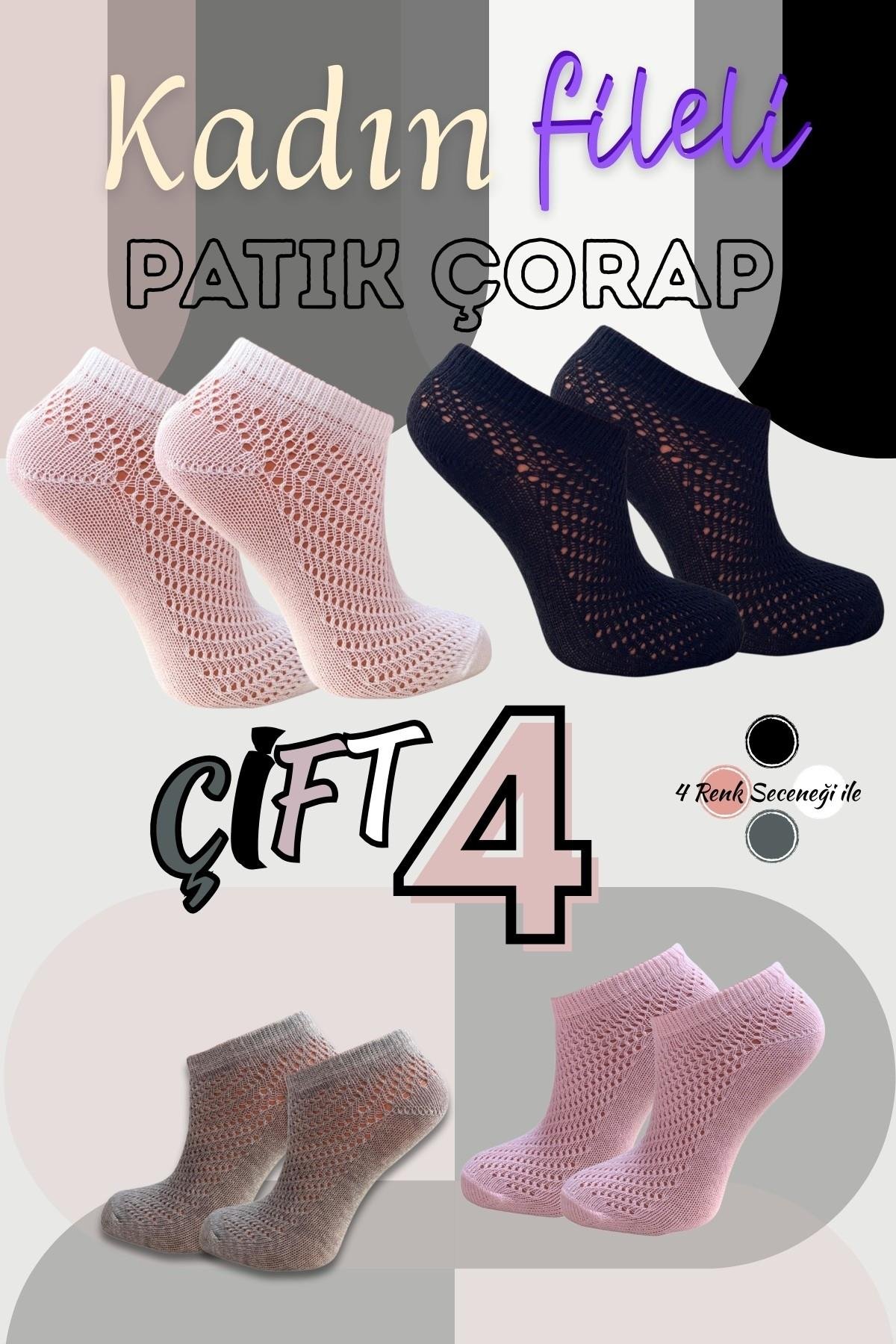 Kadın Çorap (4 Çift) Fileli Pamuklu Nefes Alan Patik Çorap